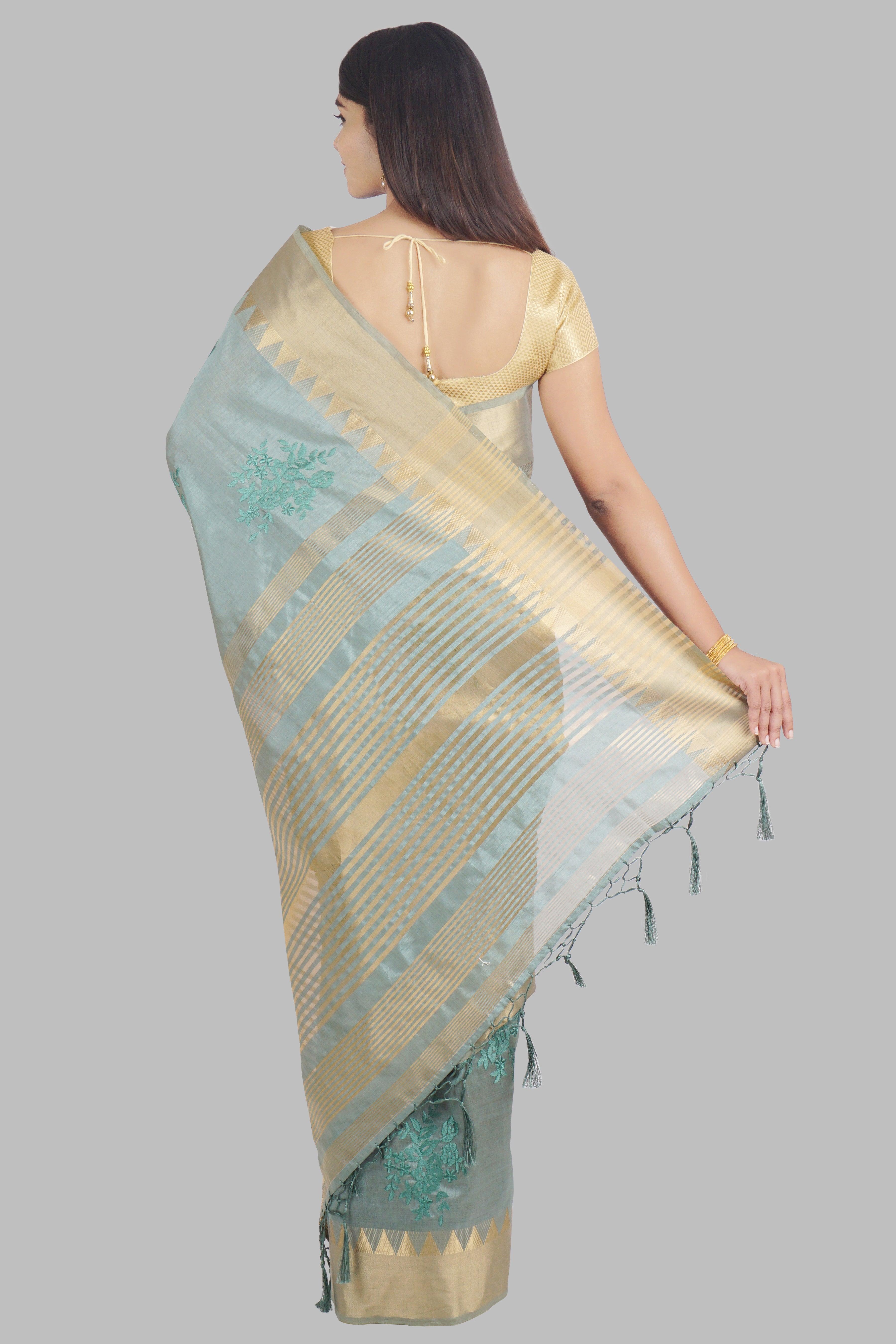 Green Threadwork Raw Silk Saree - KAJREE
