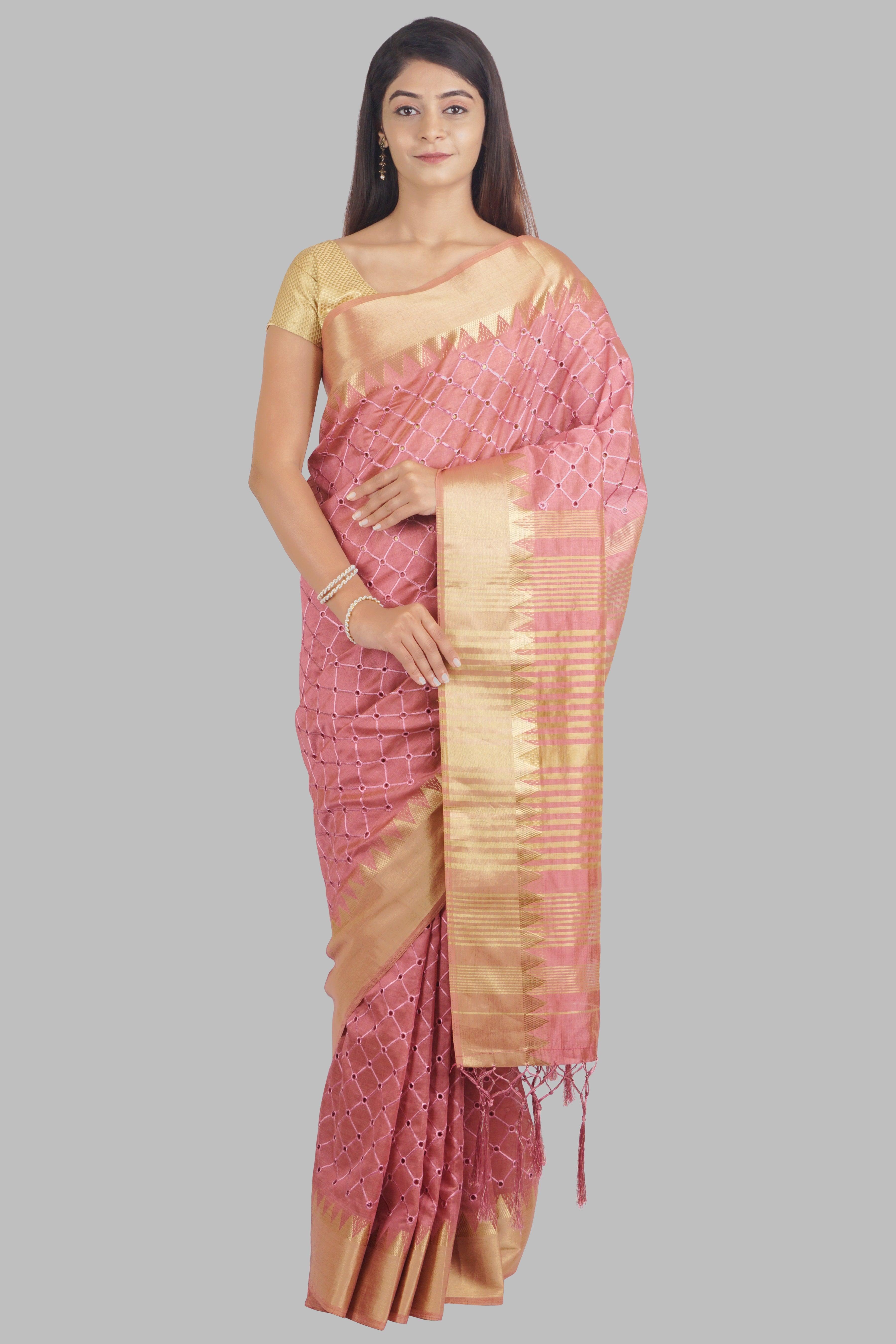 Peach Threadwork Linen Saree - KAJREE