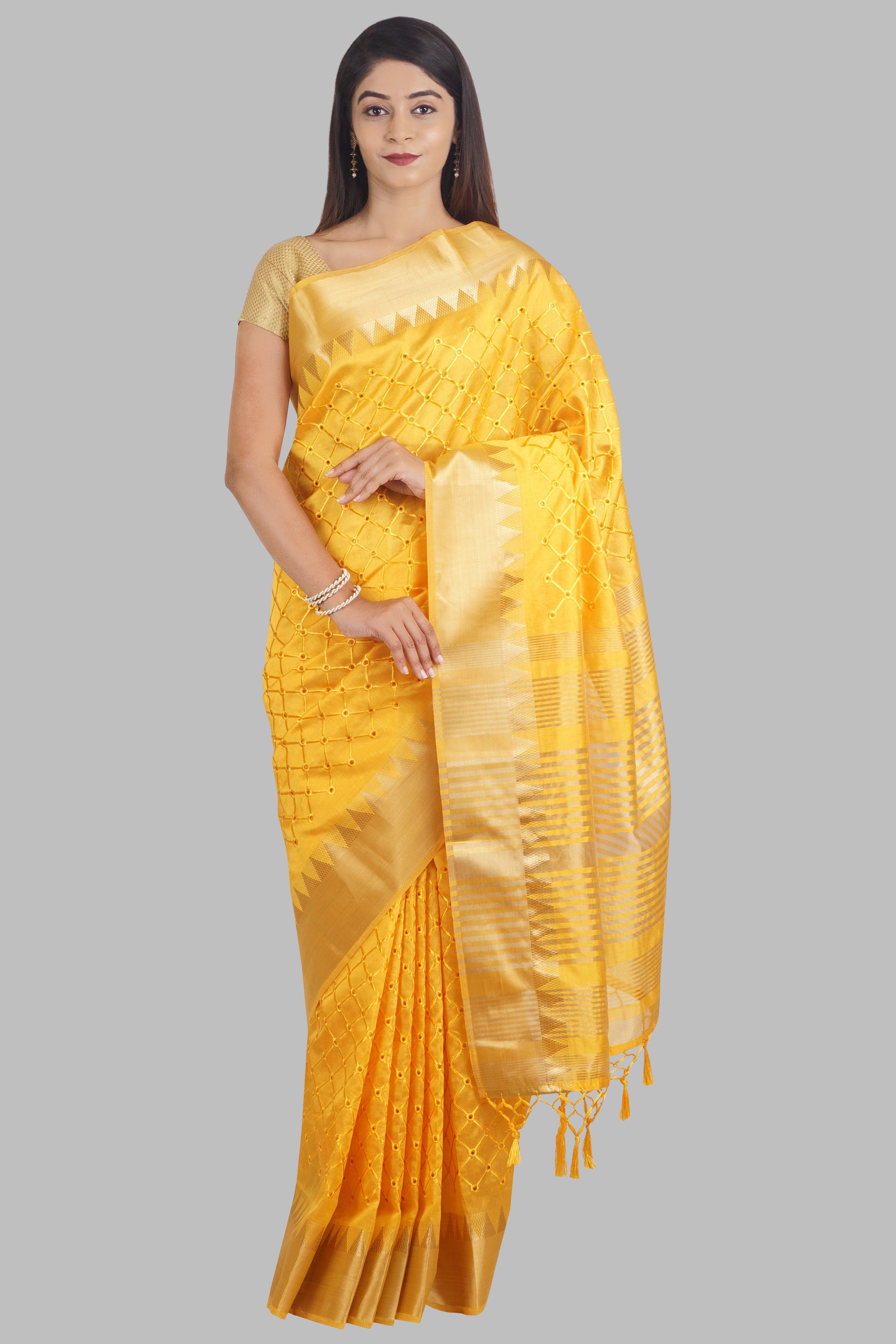 Yellow Threadwork Linen Saree - KAJREE