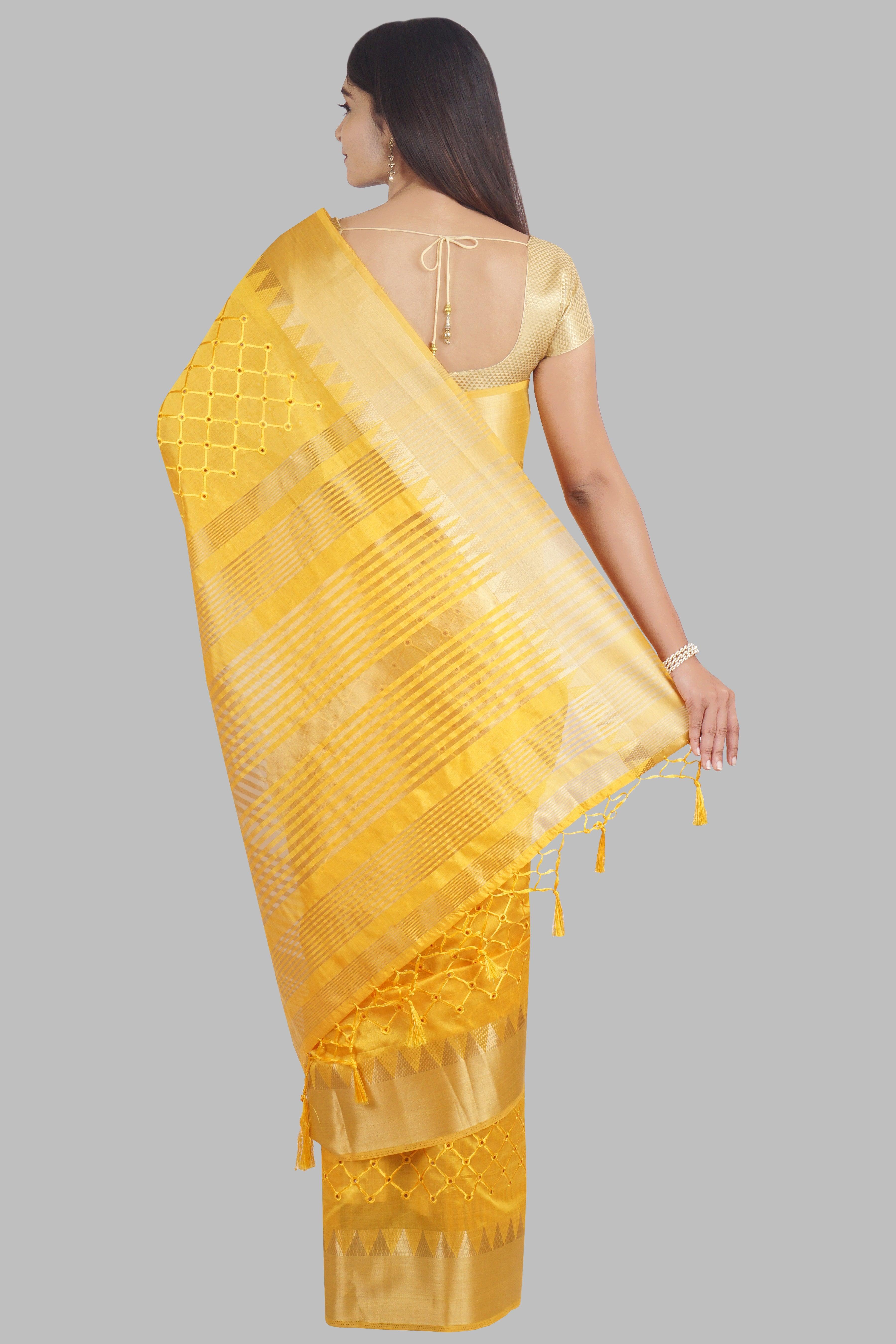 Yellow Threadwork Linen Saree - KAJREE