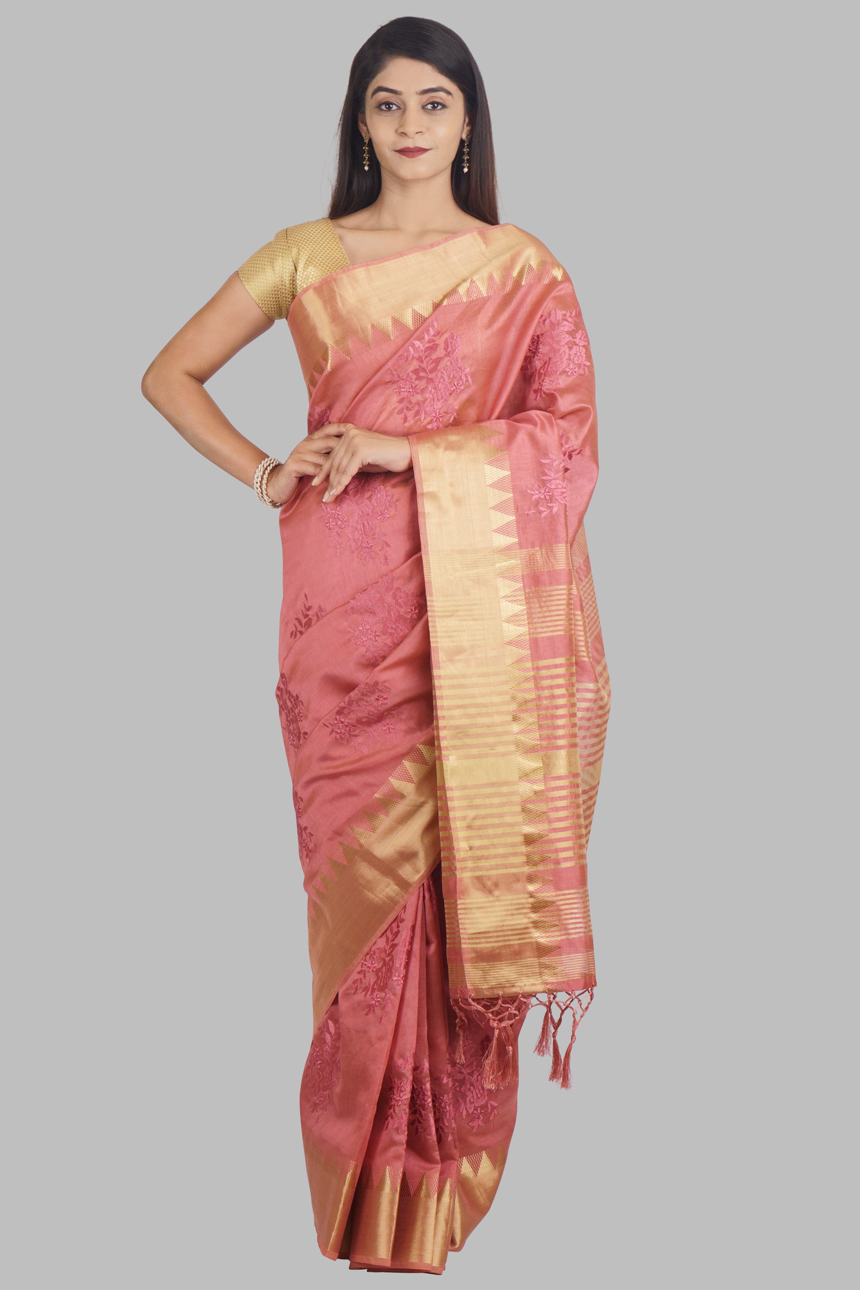 Berry Pink Threadwork Raw Silk Saree - KAJREE