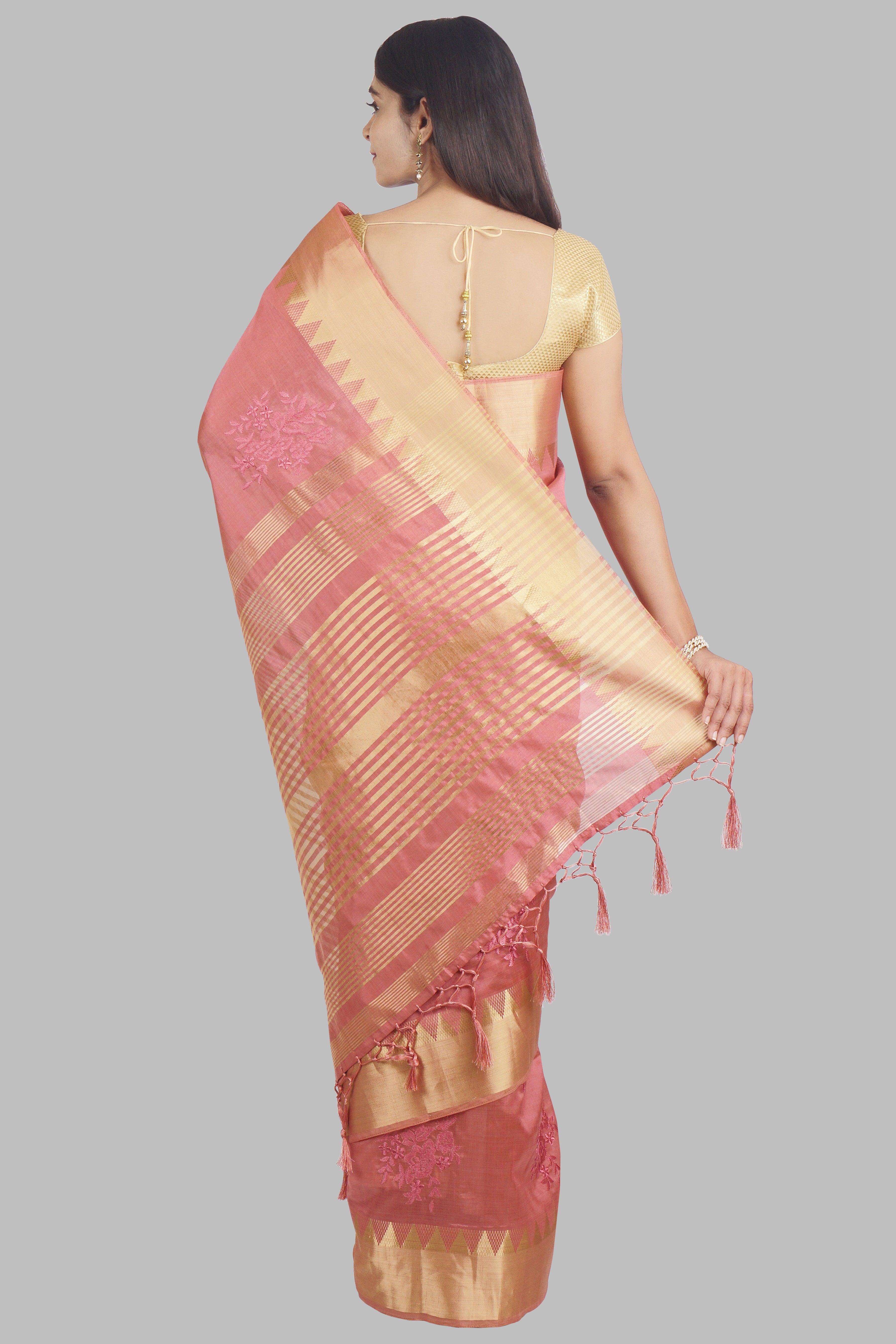 Berry Pink Threadwork Raw Silk Saree - KAJREE