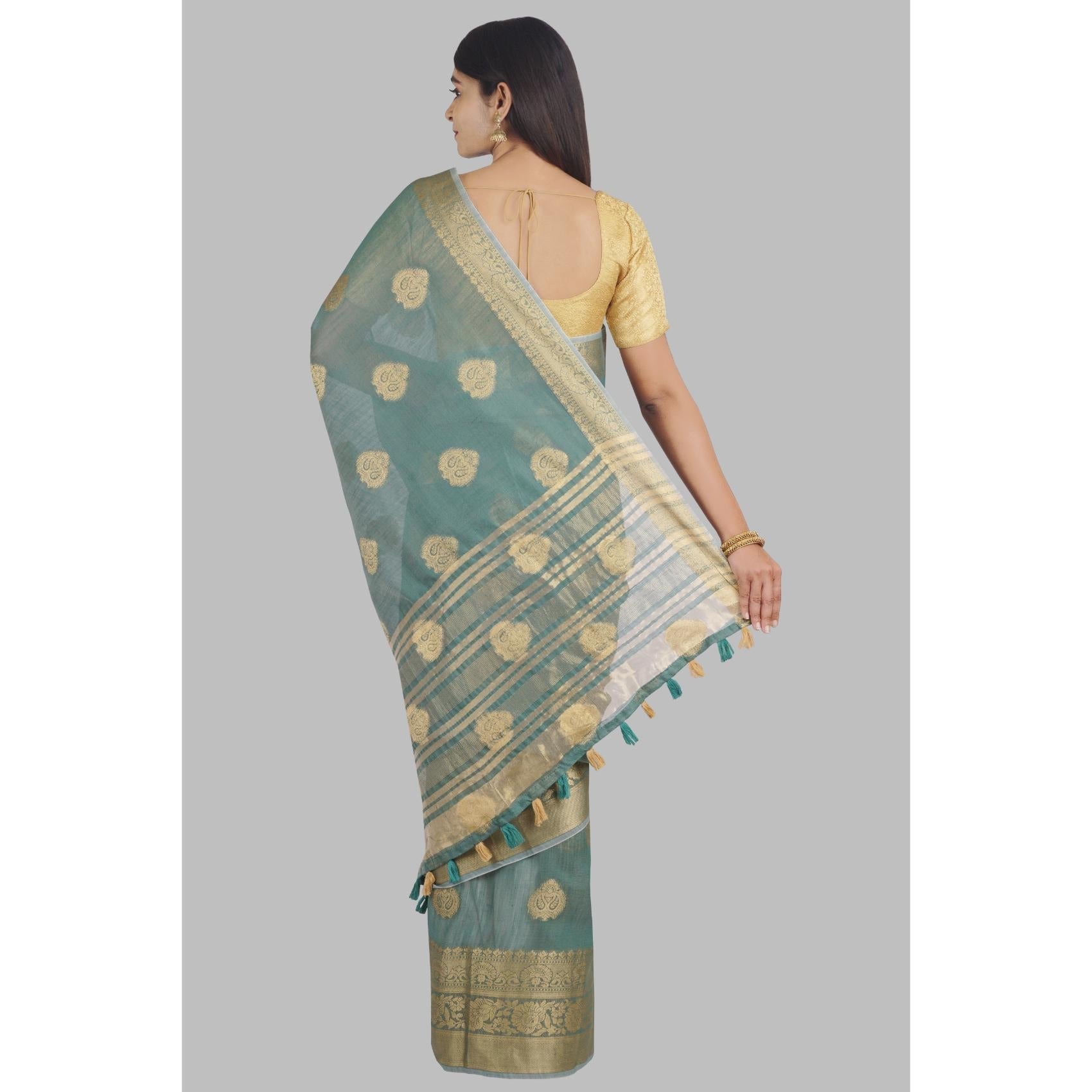 Rama Green Foil Print Linen Saree - KAJREE