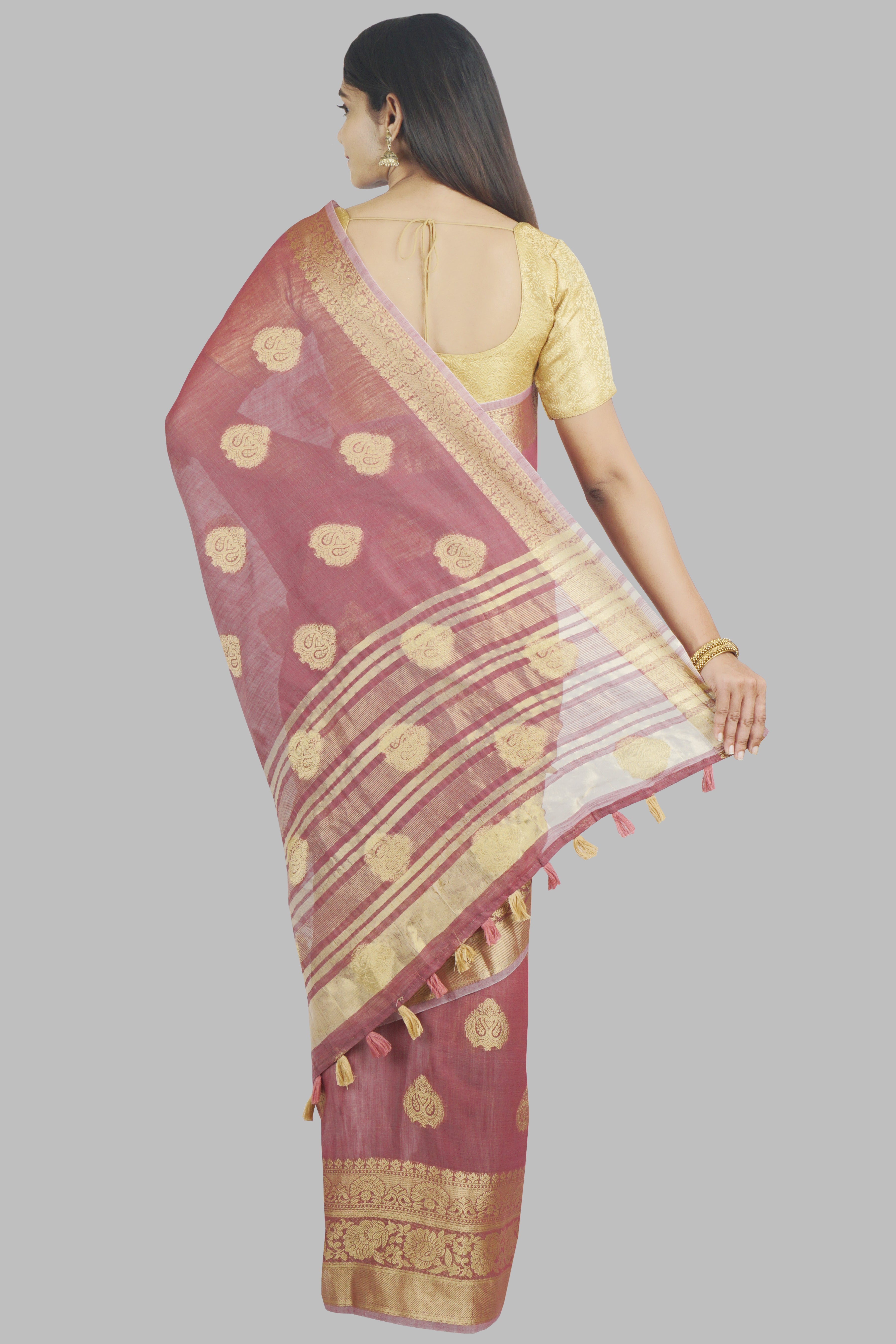 Wine Foil Print Linen Saree 