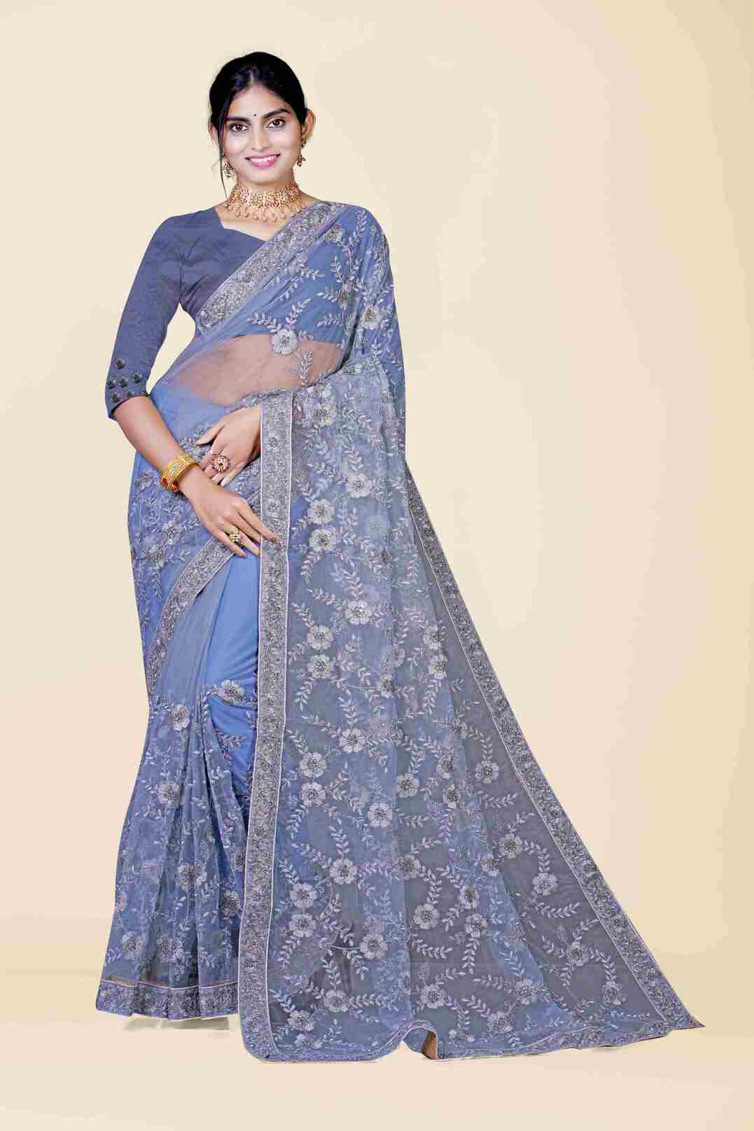 Steel Grey Stonework Net Saree 