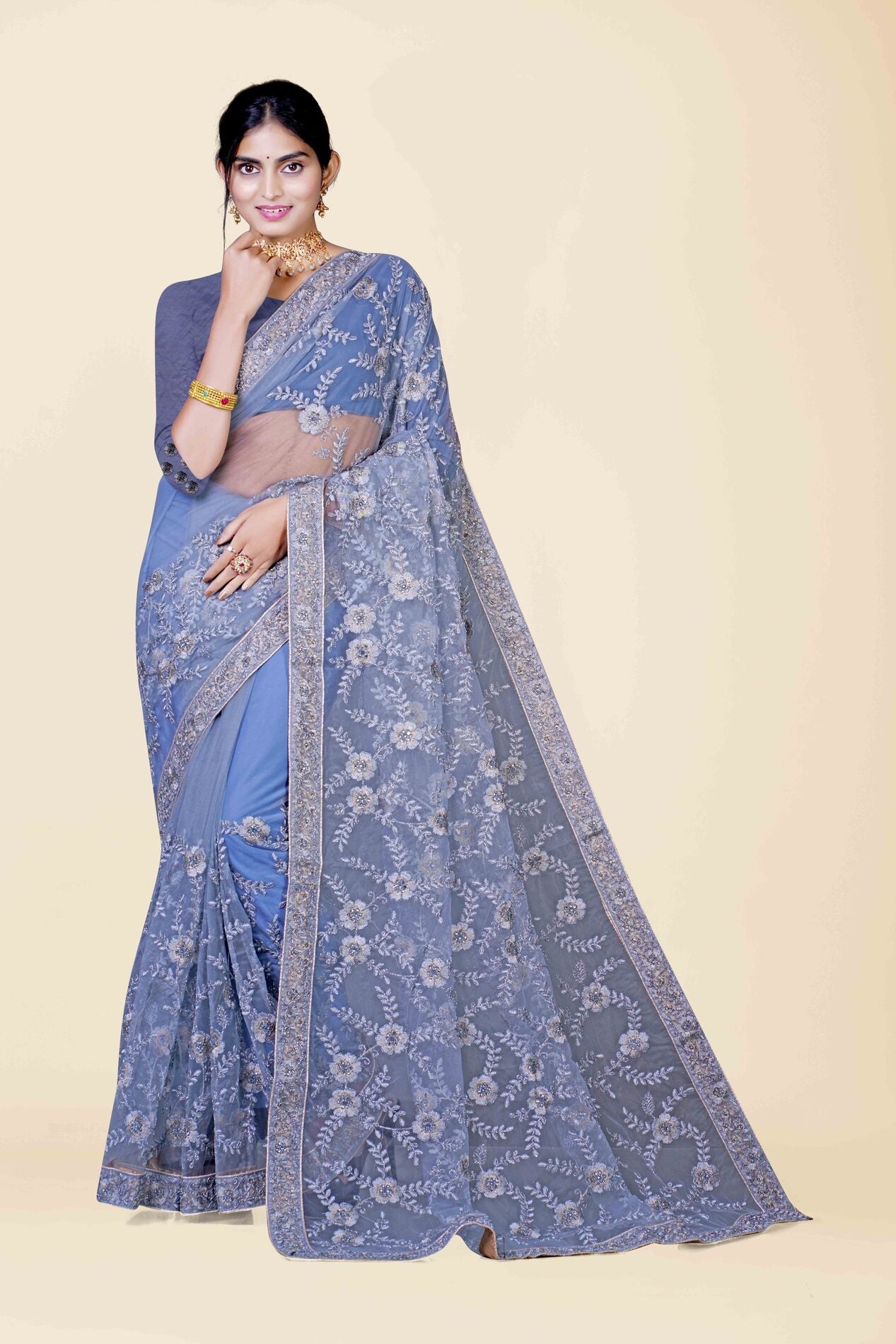 Steel Grey Stonework Net Saree 