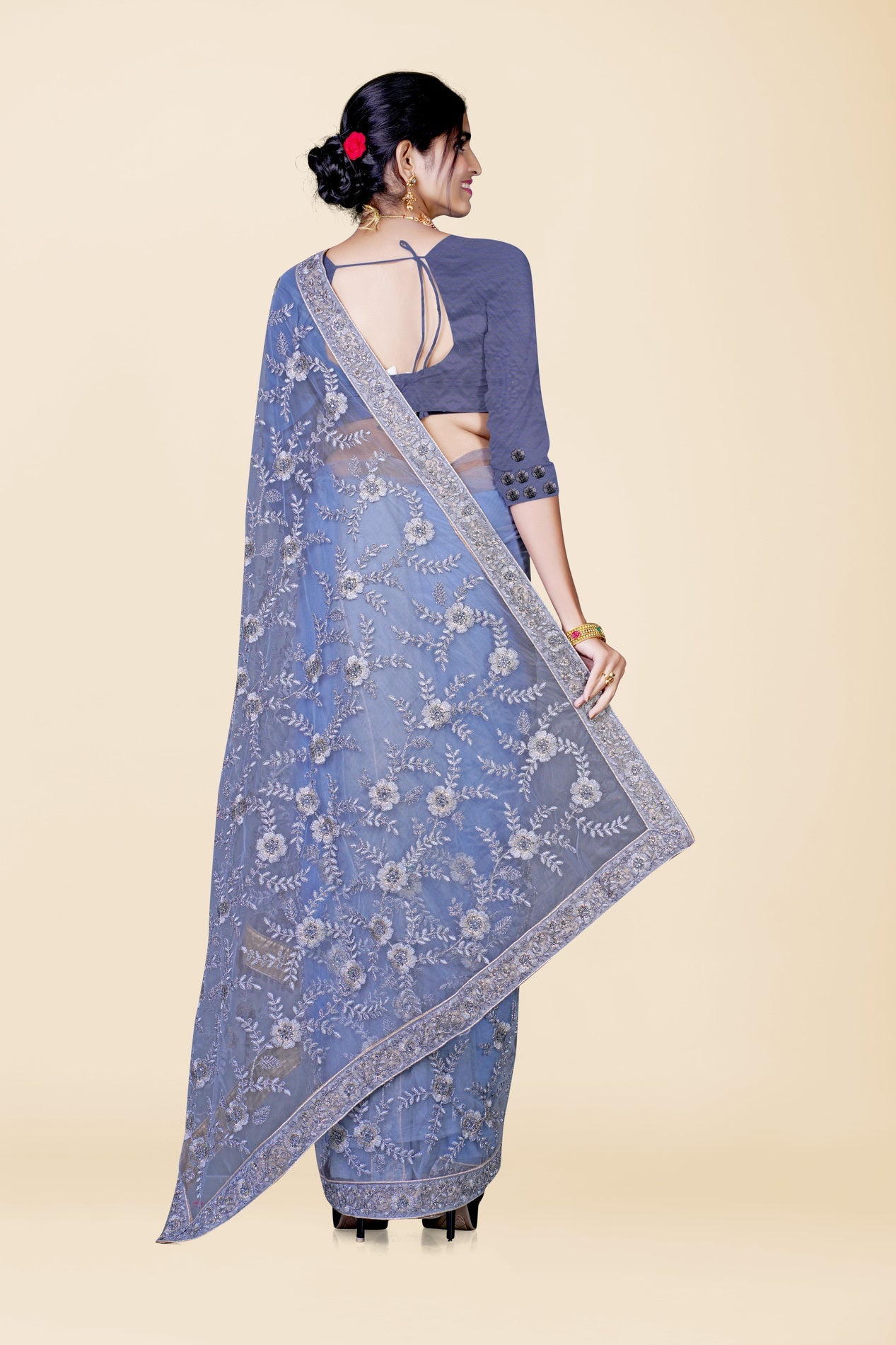 Steel Grey Stonework Net Saree 