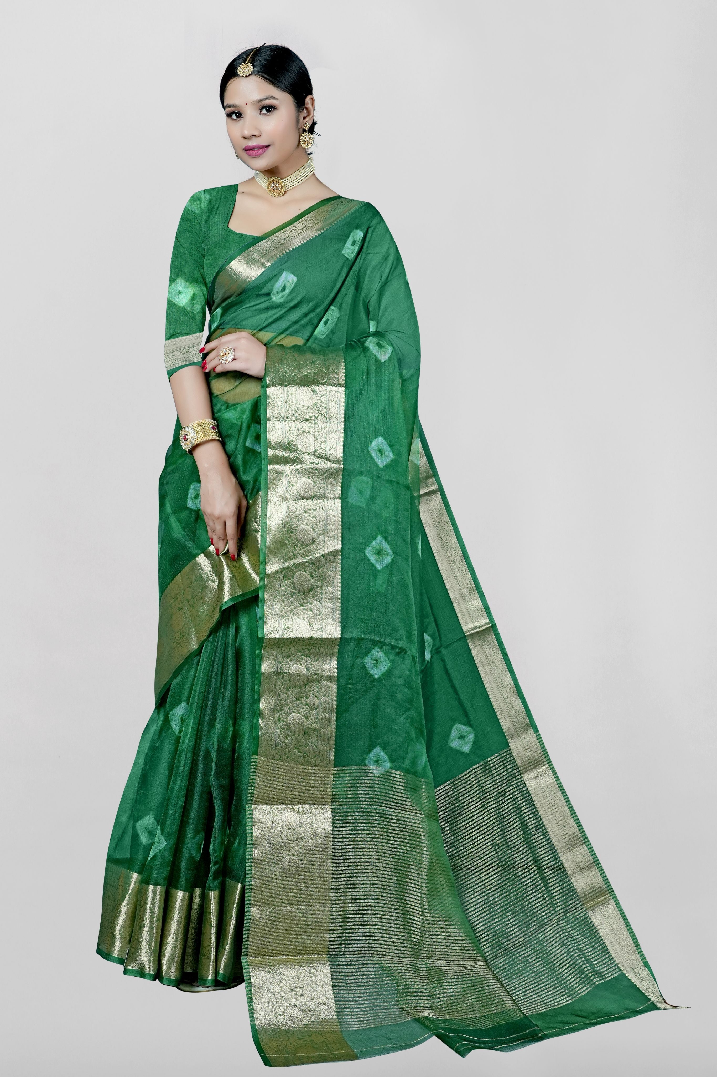 Green Threadwork Cotton Saree  - Kajree