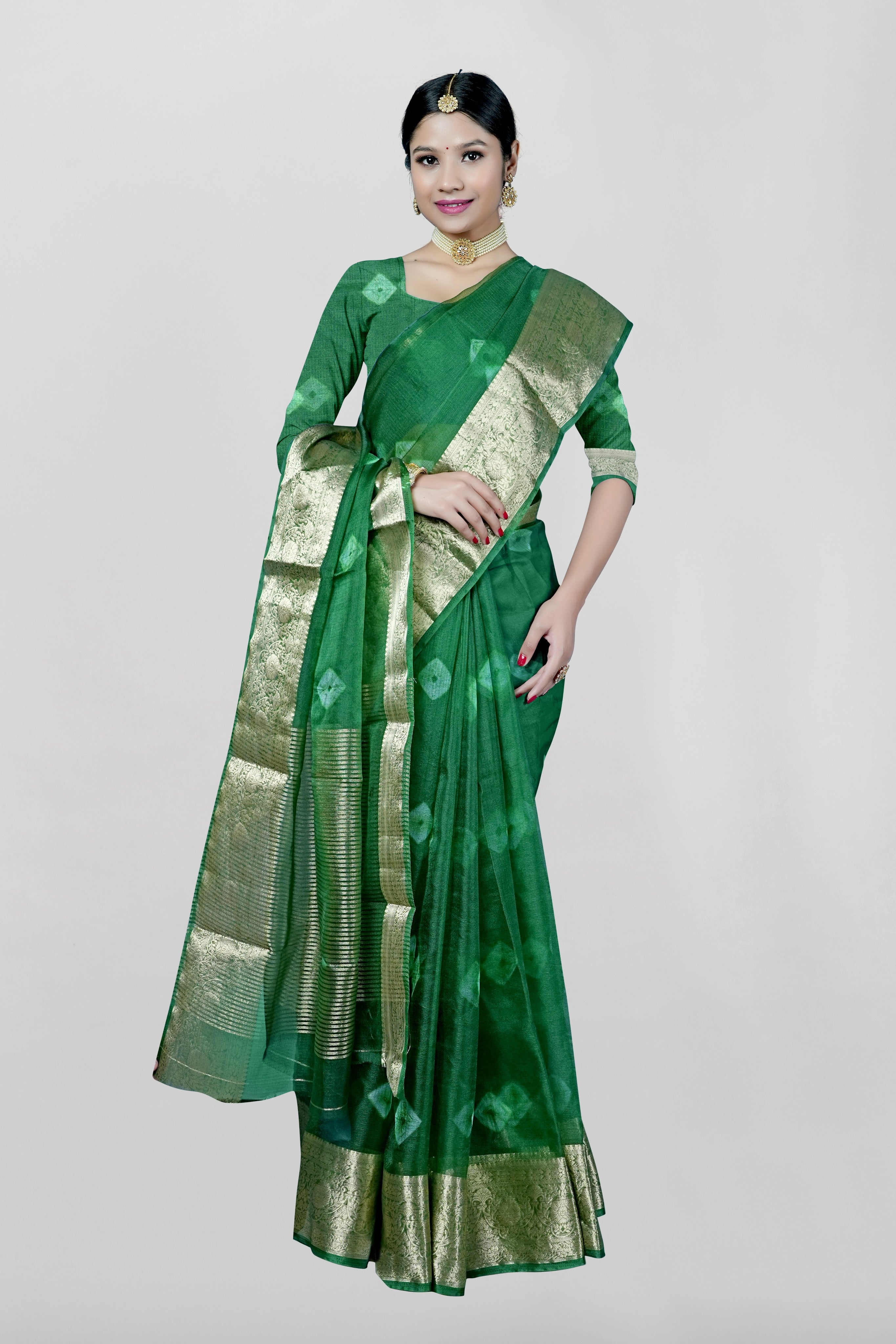 Green Threadwork Cotton Saree  - Kajree