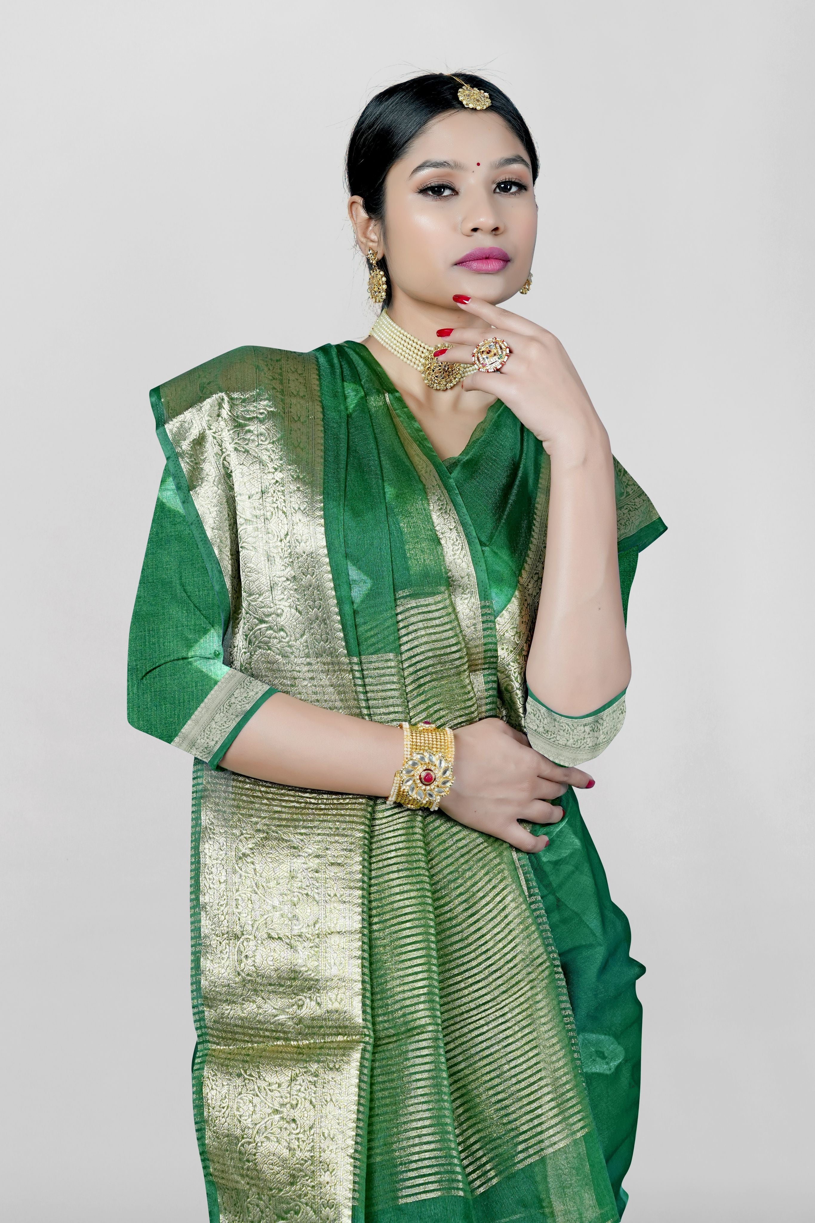 Green Threadwork Cotton Saree  - Kajree