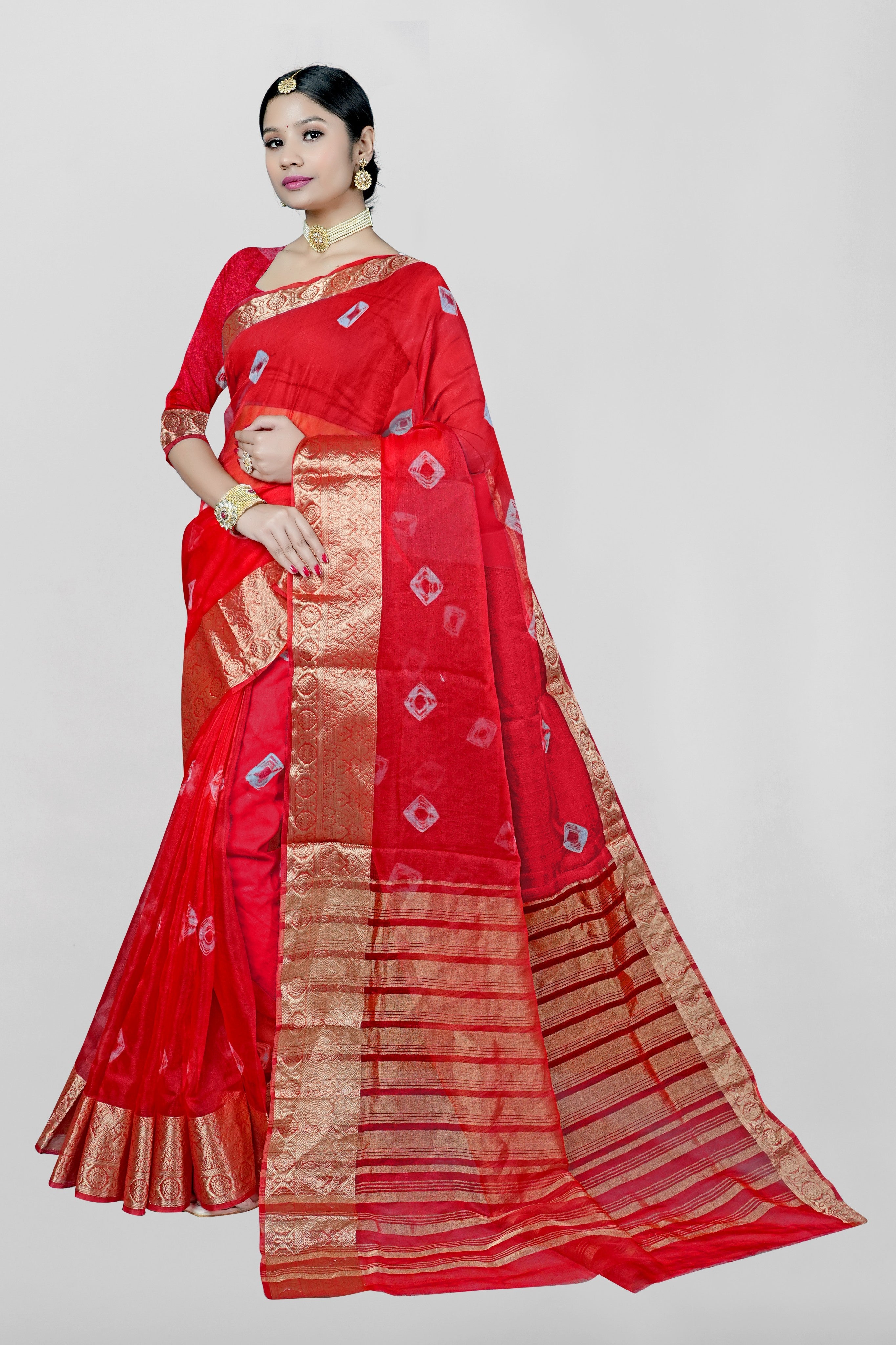 Red Threadwork Cotton Saree - Kajree