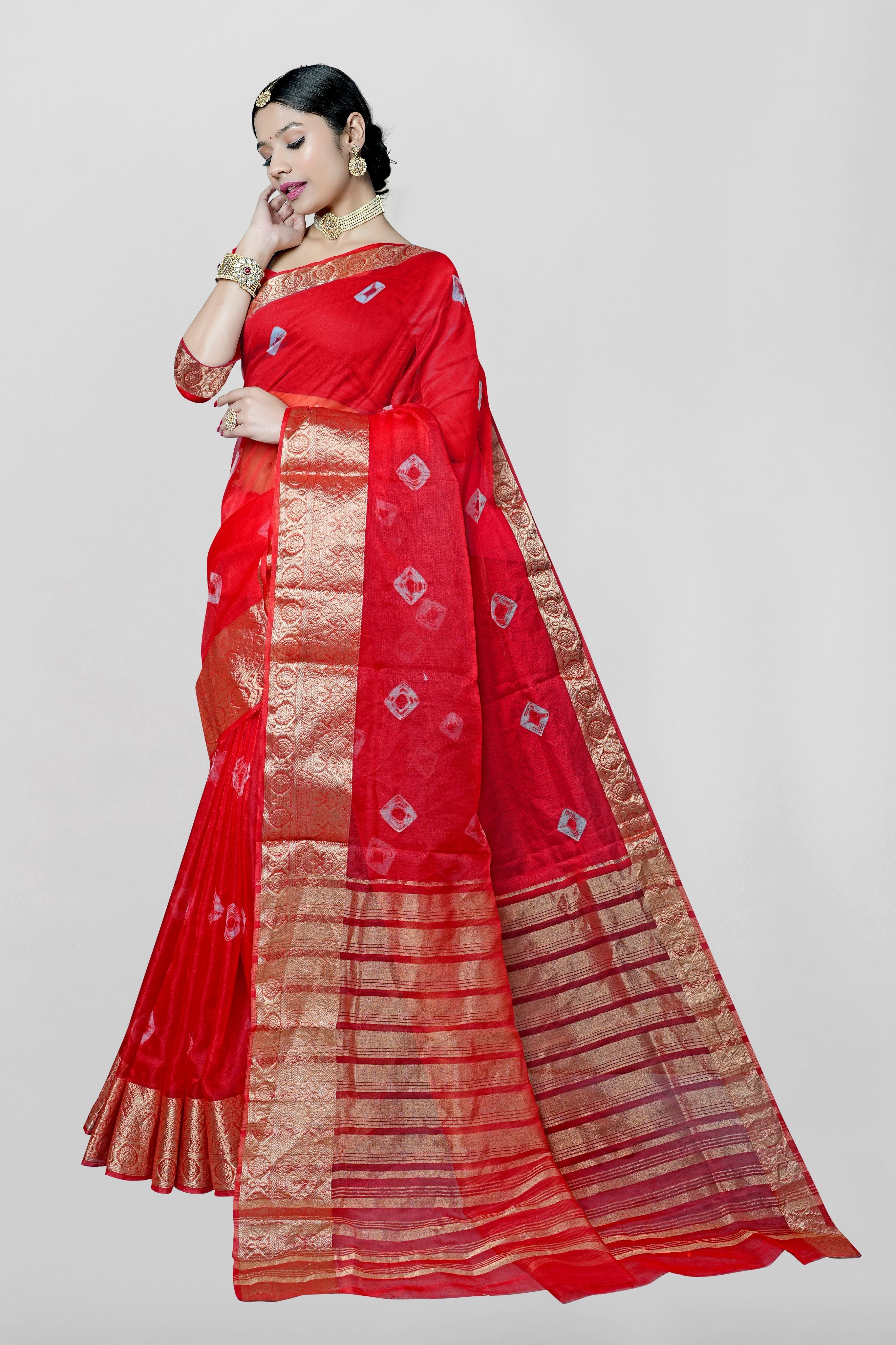 Red Threadwork Cotton Saree - Kajree