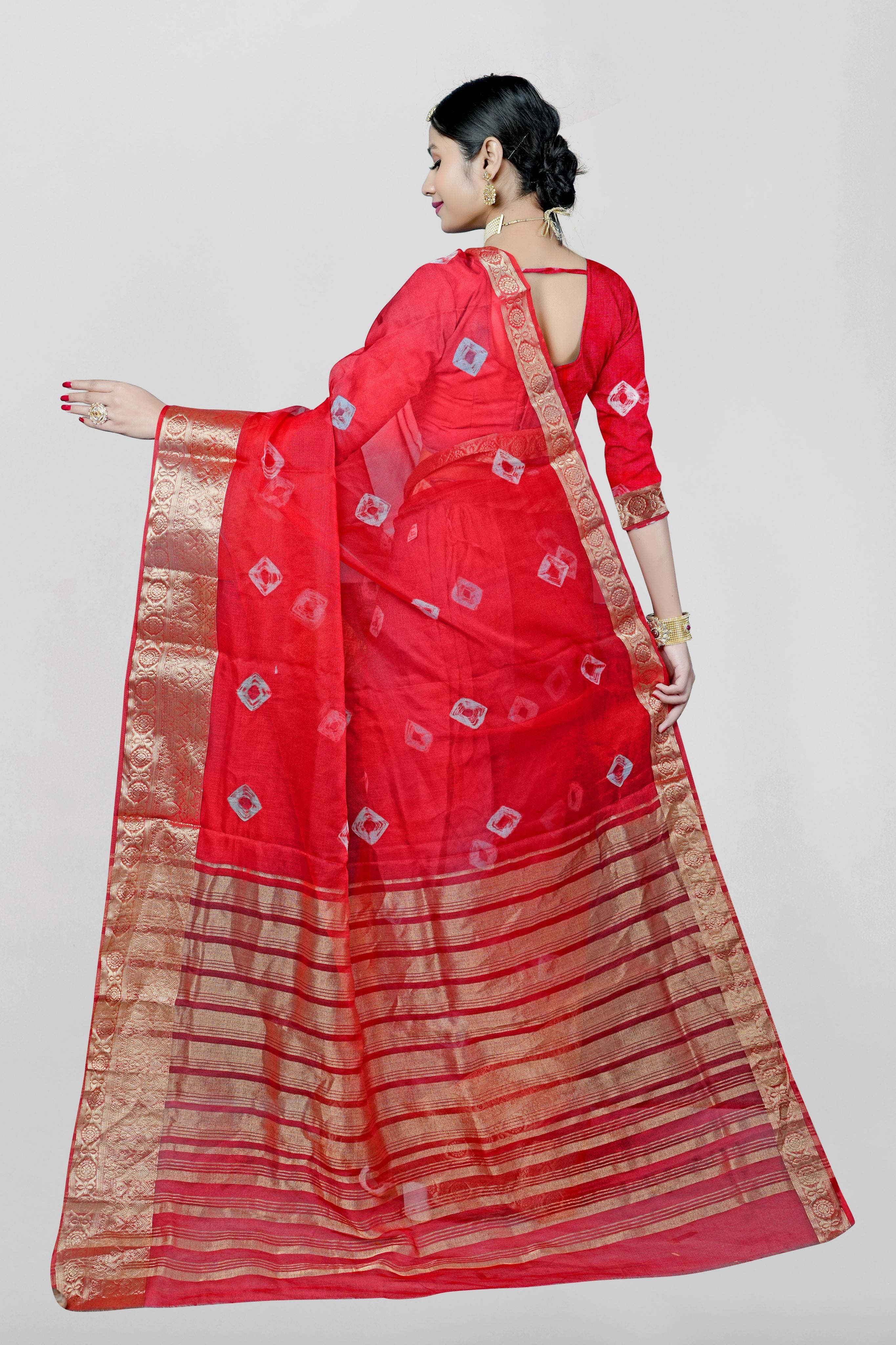 Red Threadwork Cotton Saree - Kajree