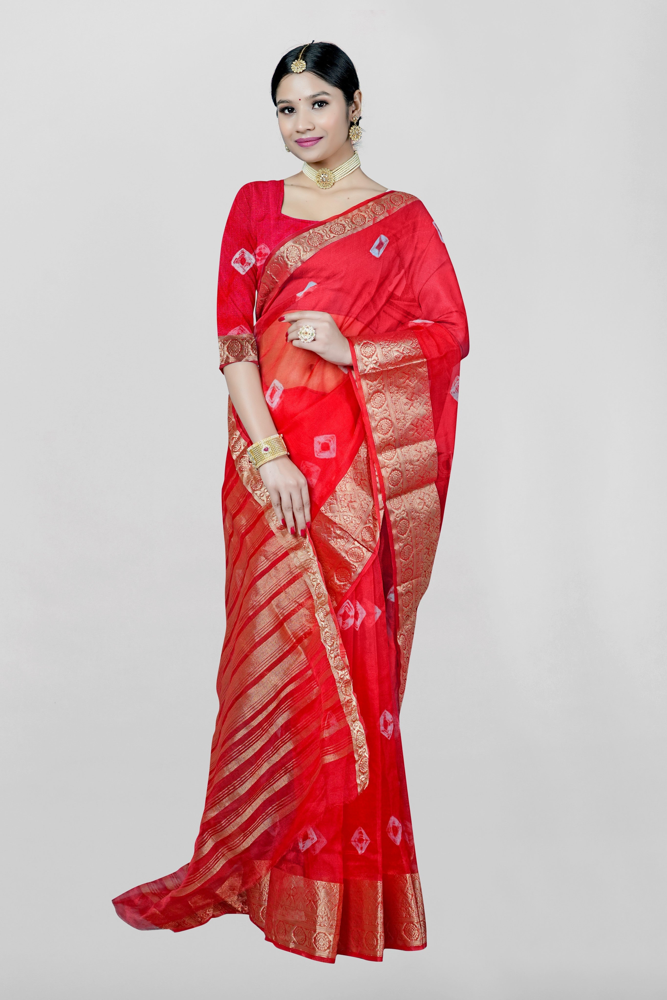 Red Threadwork Cotton Saree - Kajree