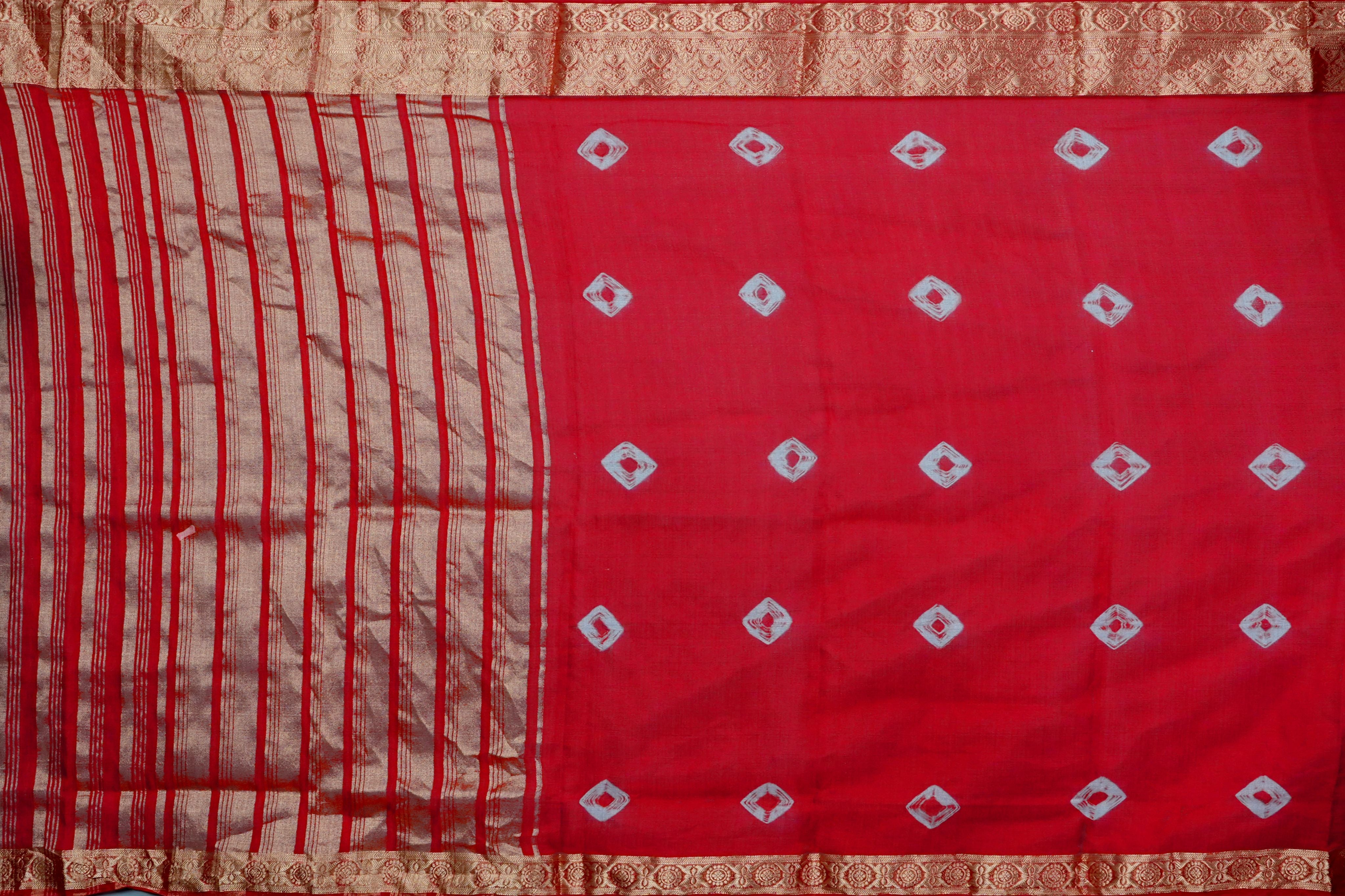 Red Threadwork Cotton Saree - Kajree