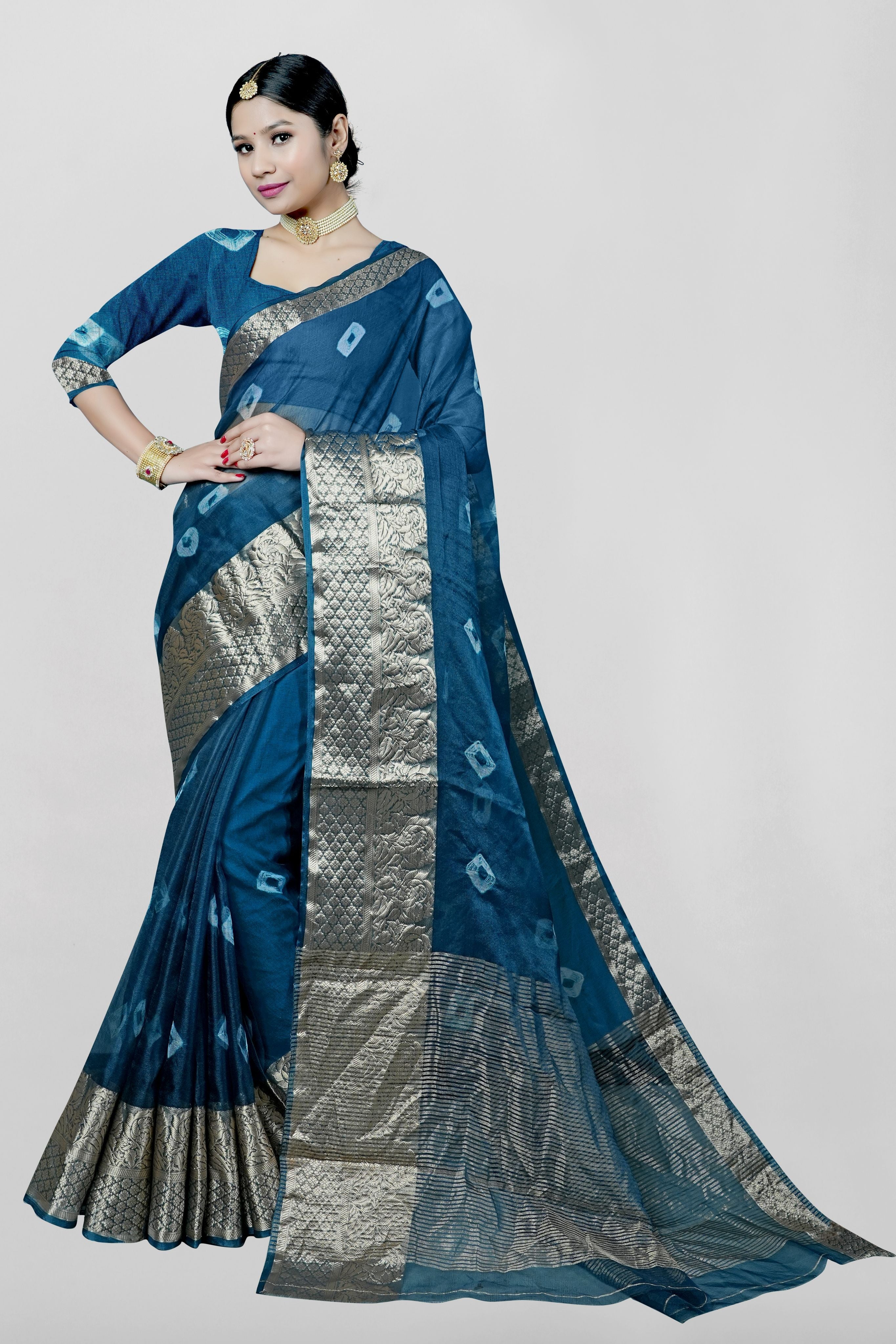 Blue Threadwork Chiffon Saree - Kajree