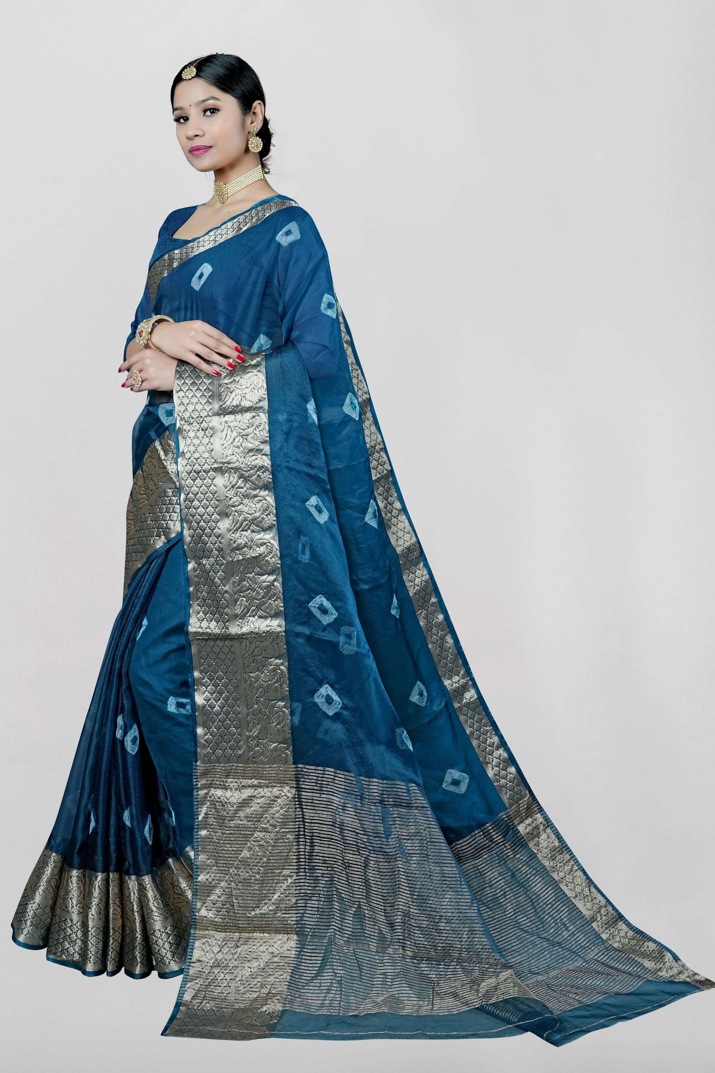 Blue Threadwork Chiffon Saree - Kajree