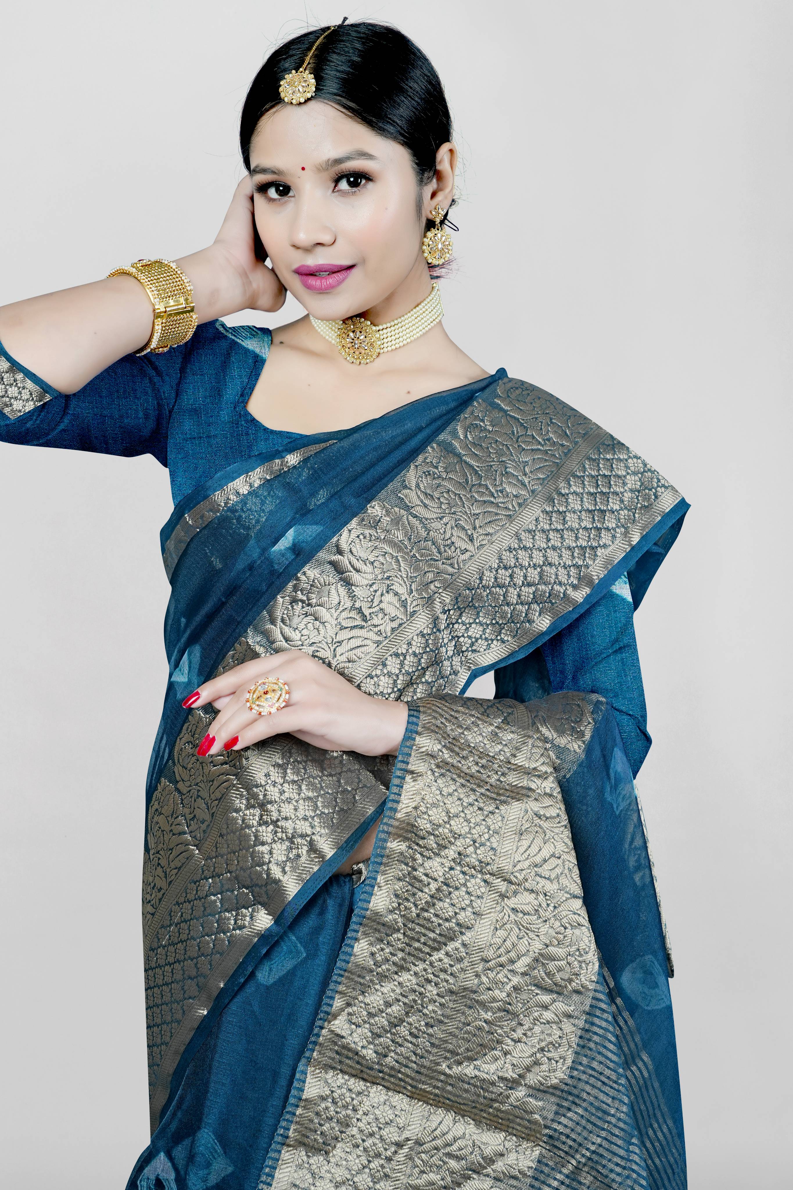 Blue Threadwork Chiffon Saree - Kajree