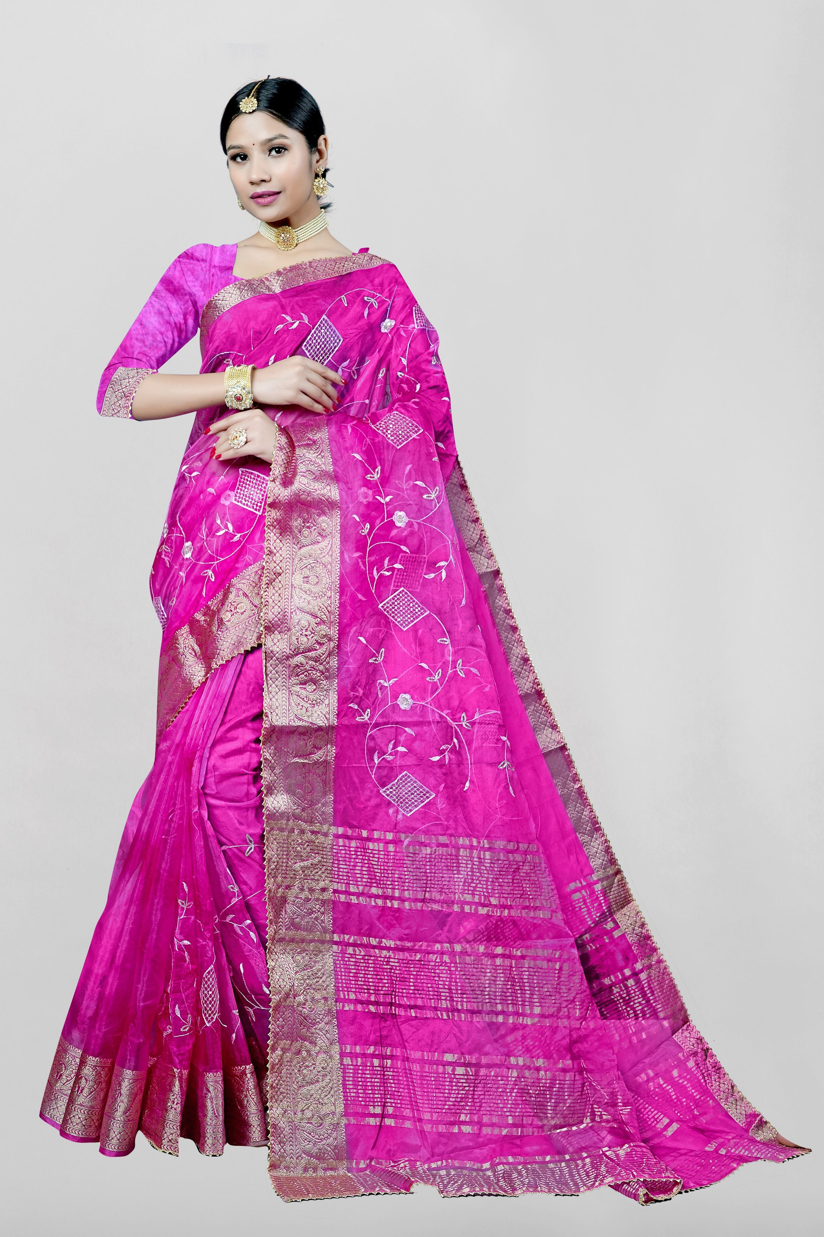Pink Threadwork Chiffon Saree - Kajree