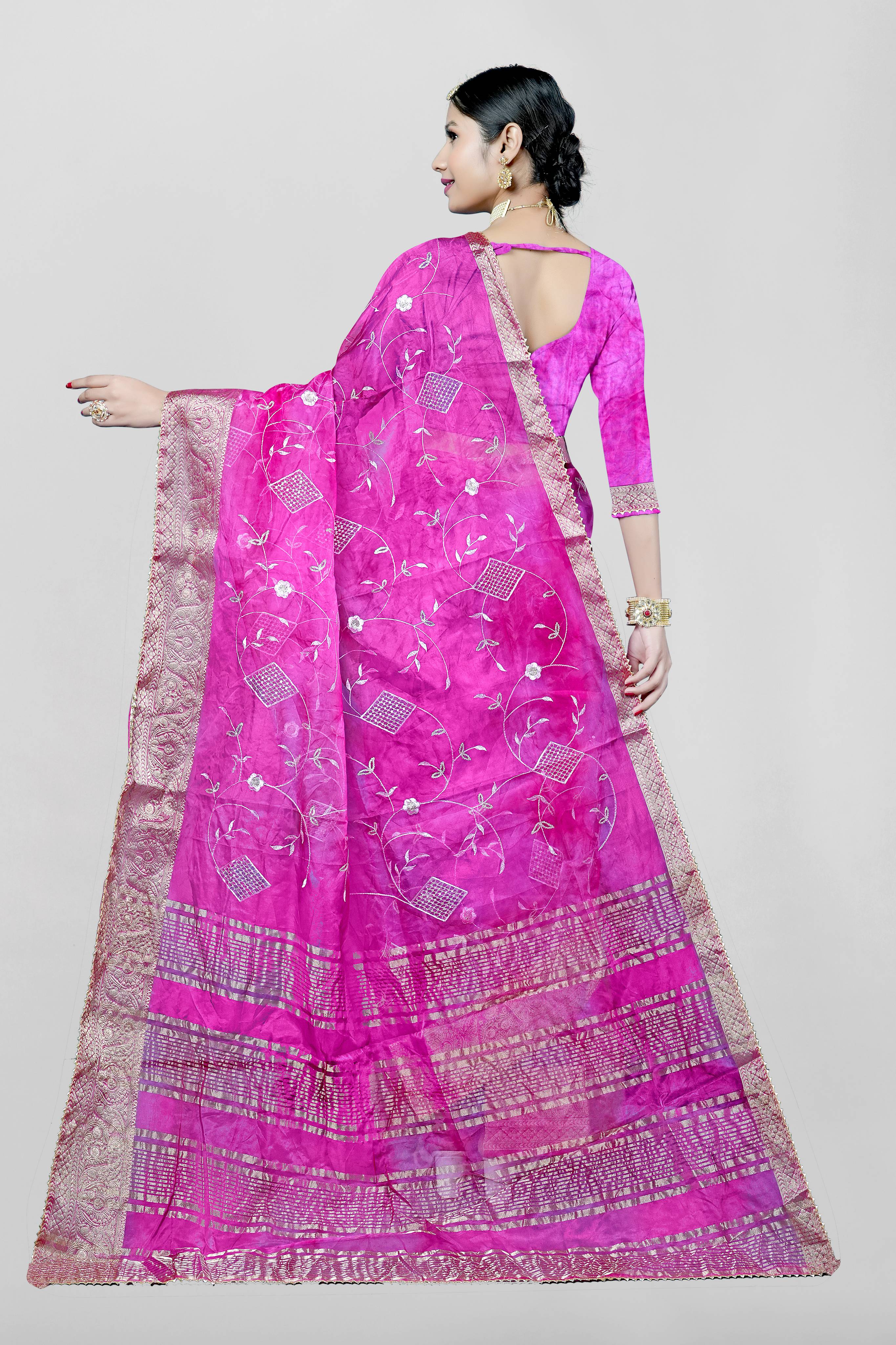 Pink Threadwork Chiffon Saree - Kajree