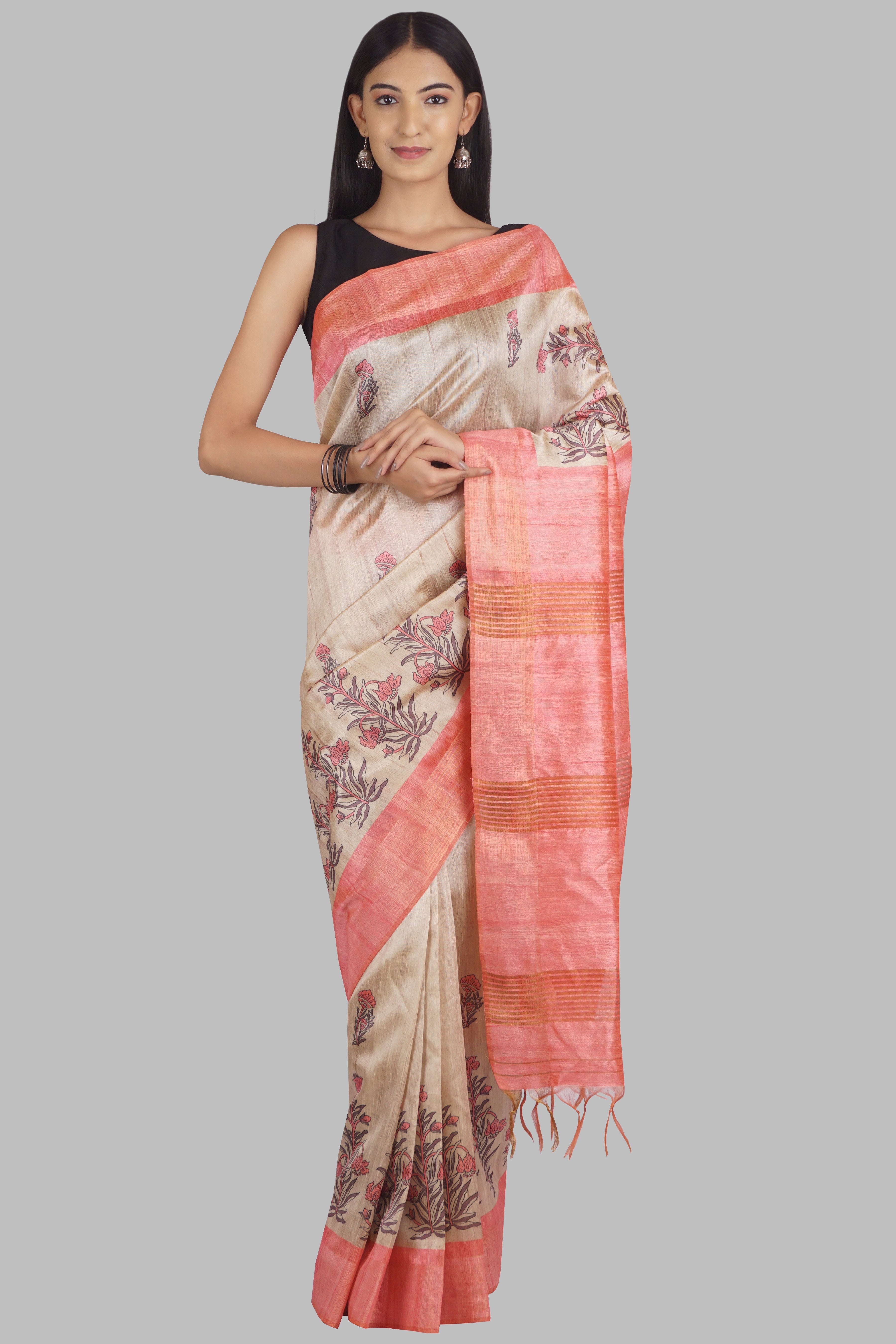 Peach Block Print Tussar Saree - Kajree