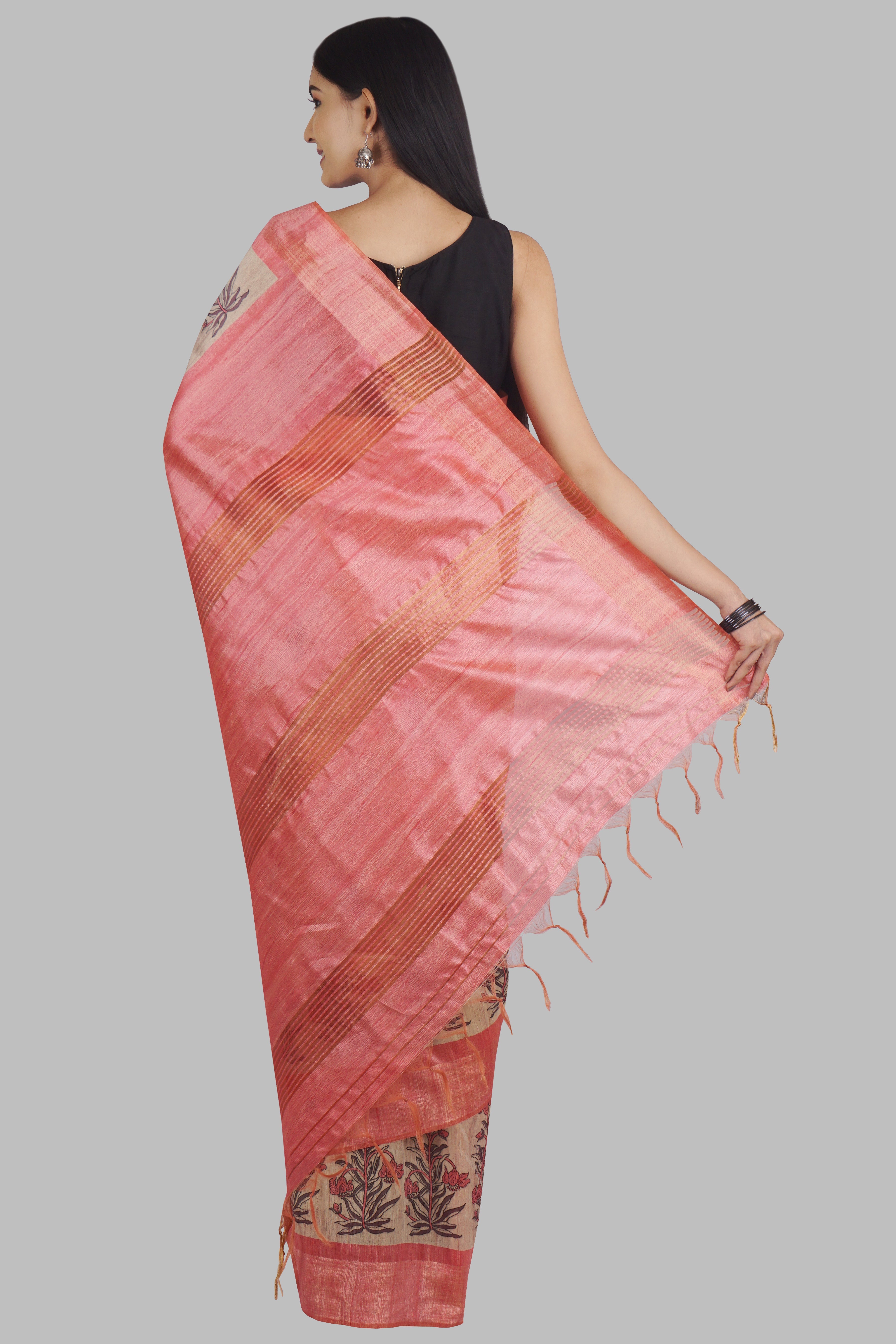 Peach Block Print Tussar Saree 