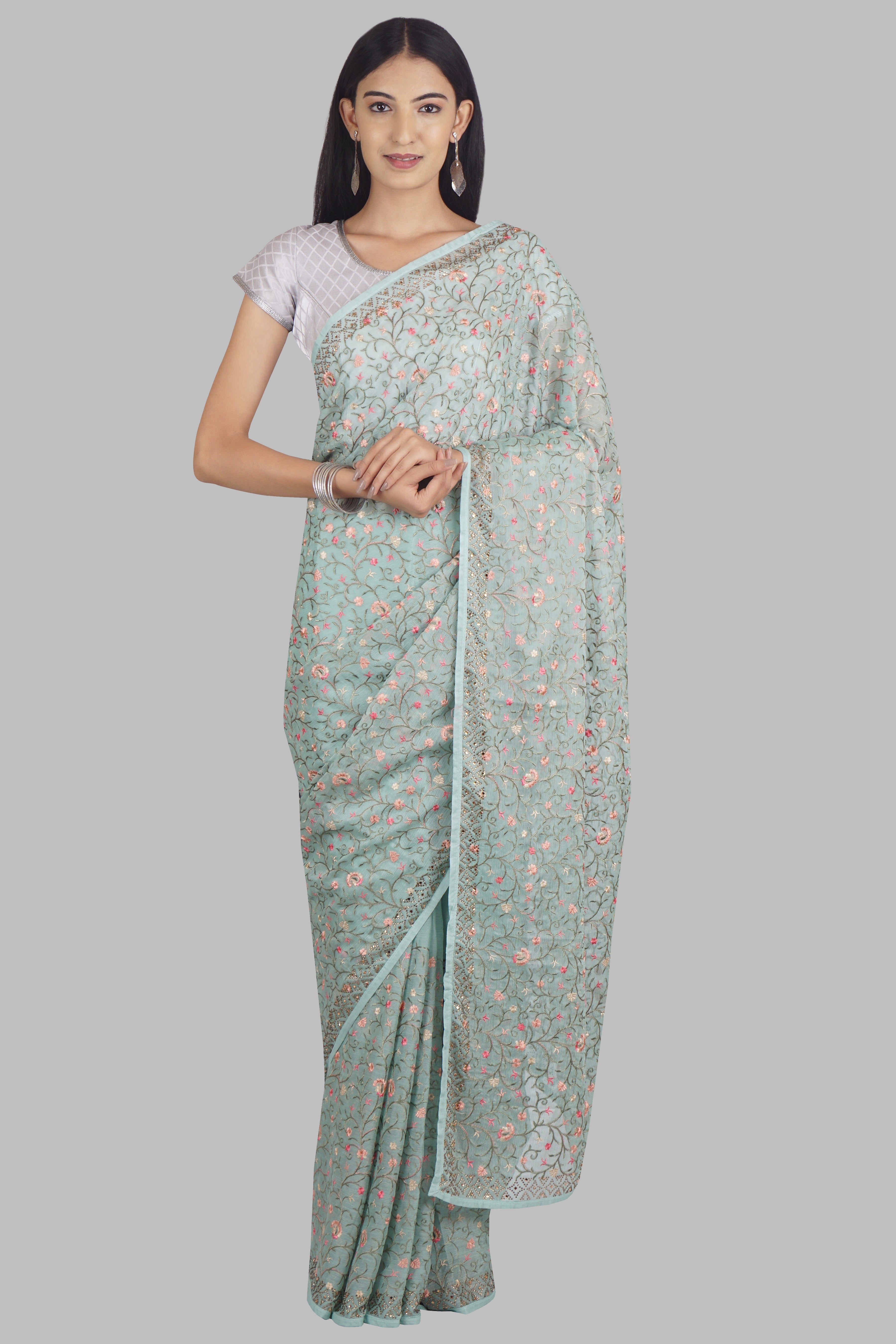 Sea Green Threadwork Georgette Saree 