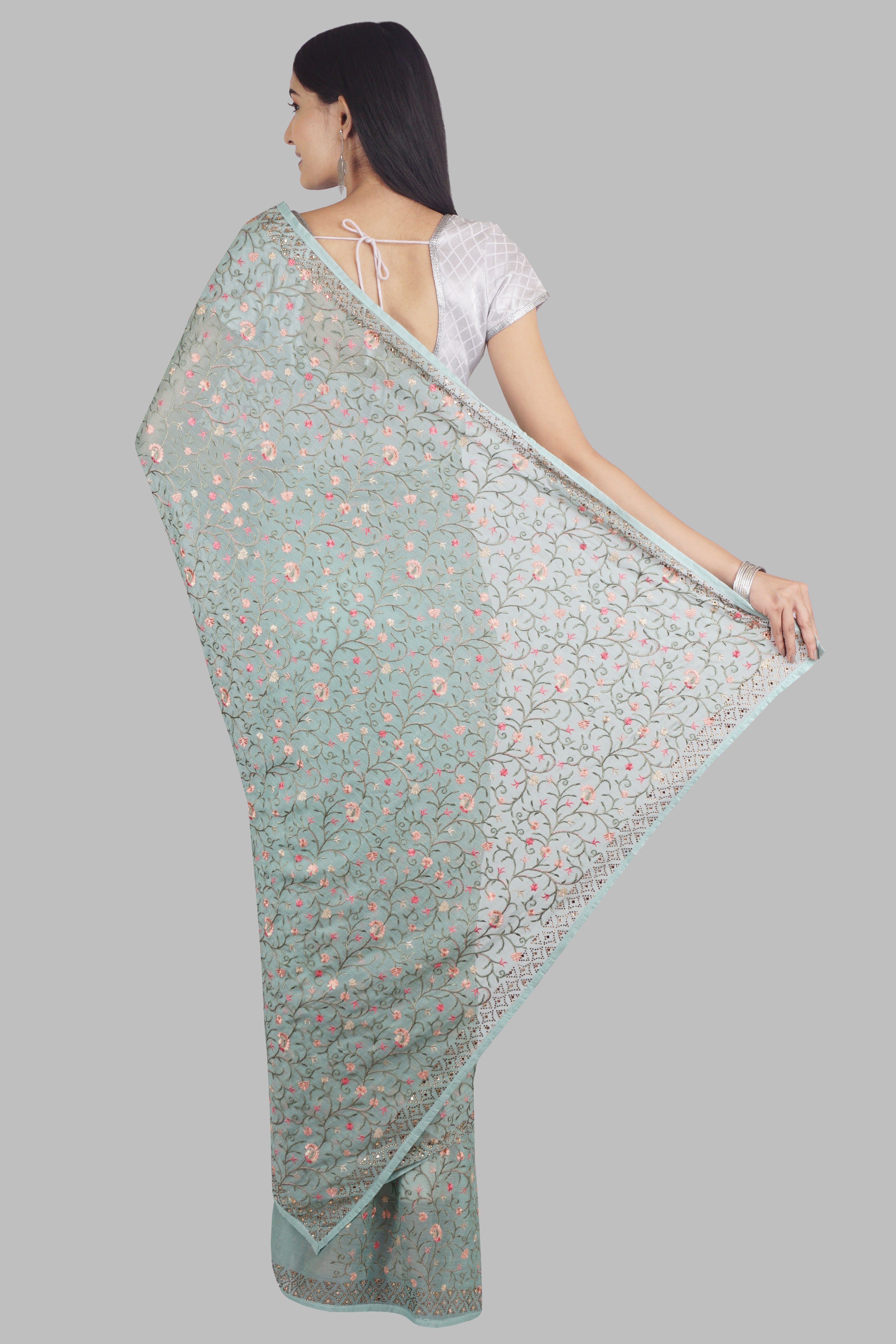 Sea Green Threadwork Georgette Saree 