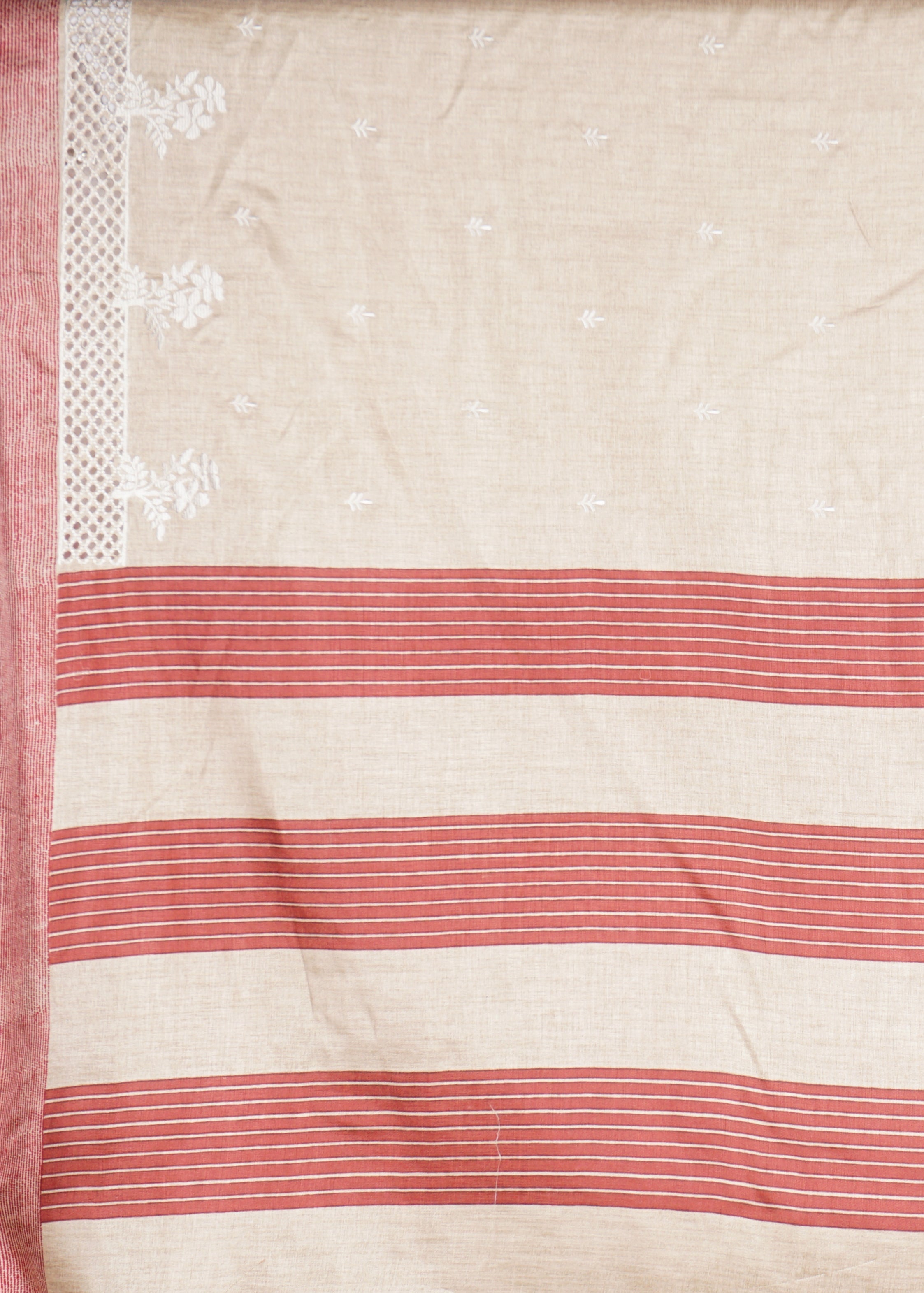 Cream Threadwork Linen Saree 