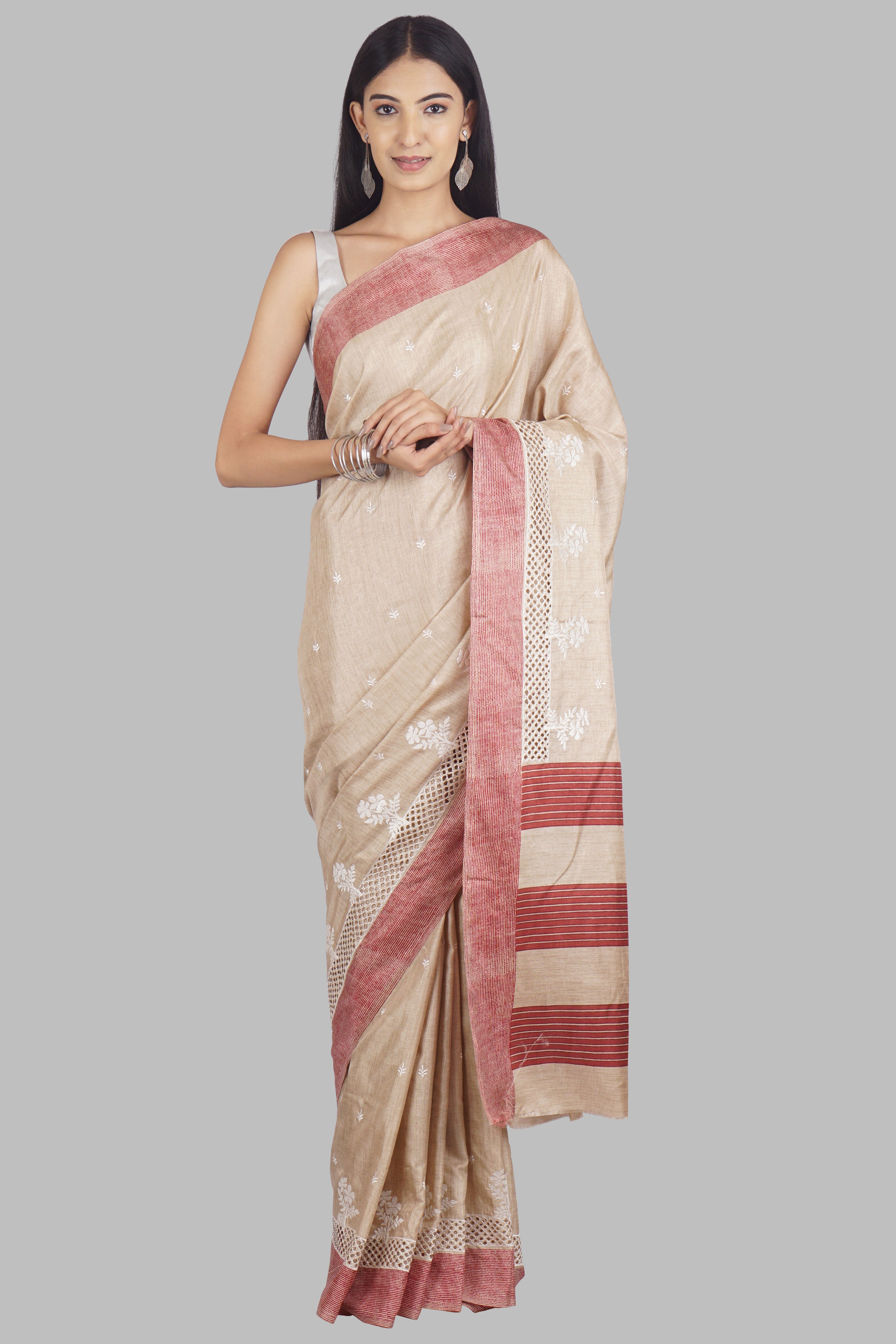 Cream Threadwork Linen Saree 