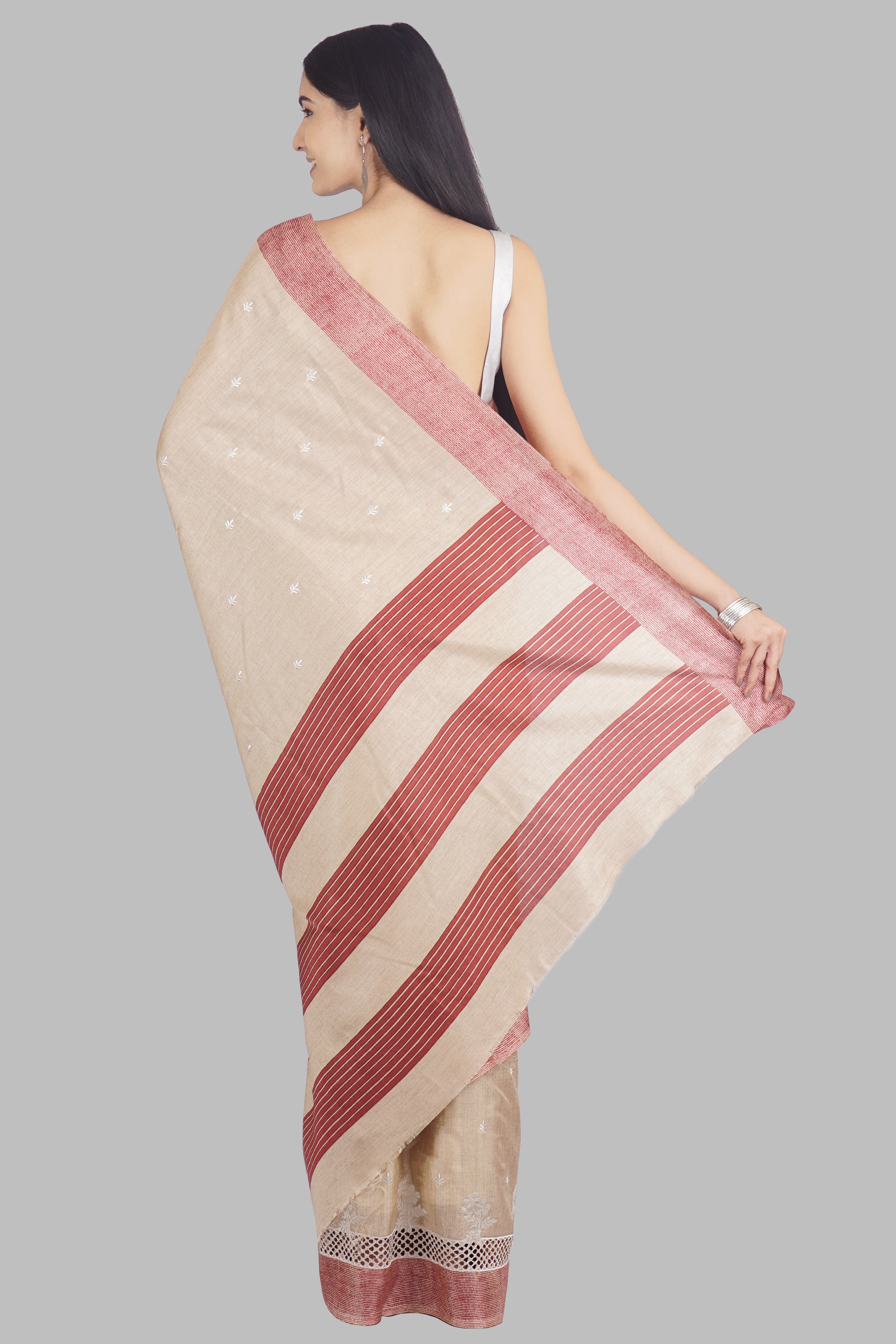 Cream Threadwork Linen Saree 