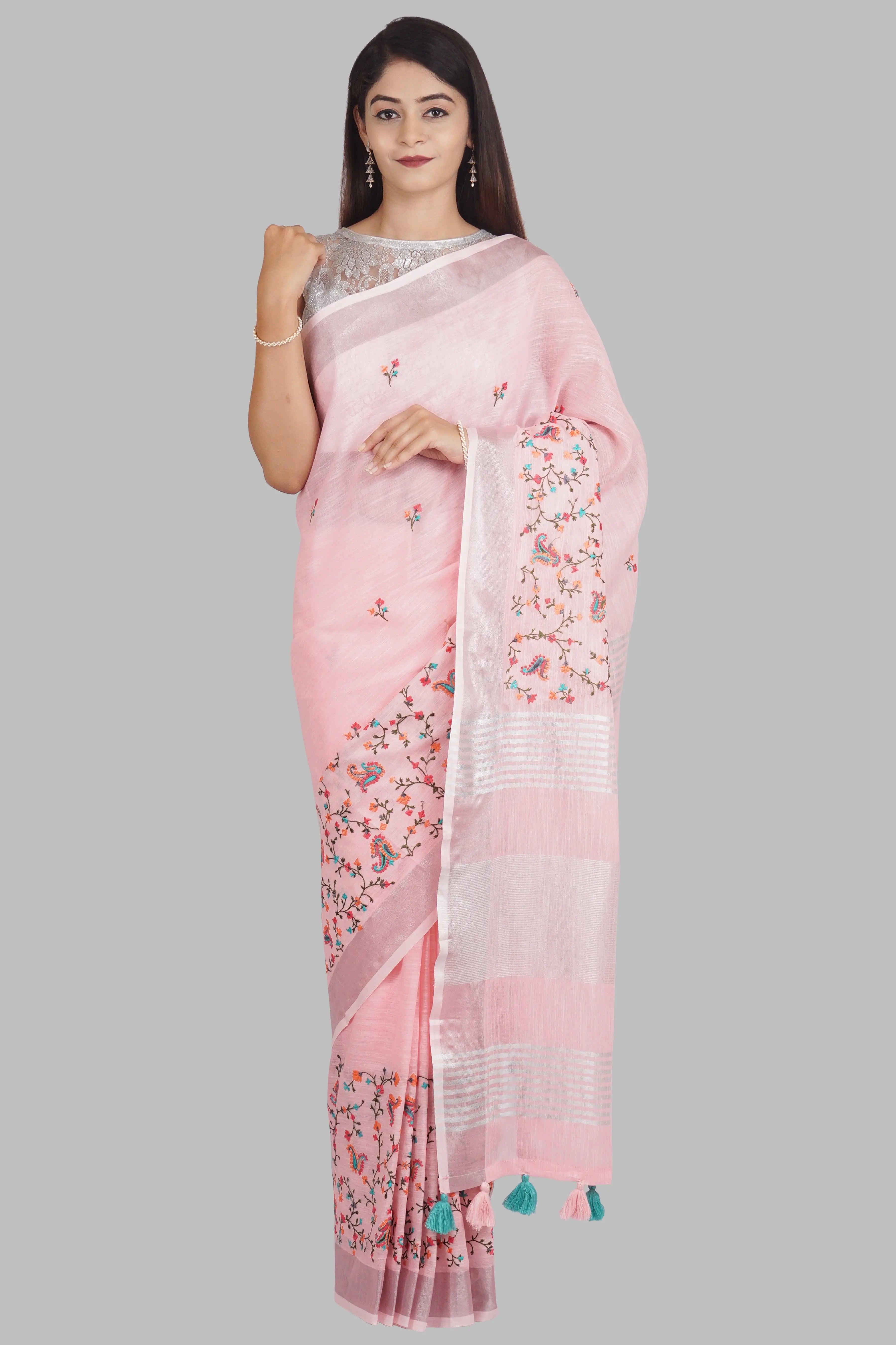 Pink Threadwork Linen Saree - KAJREE