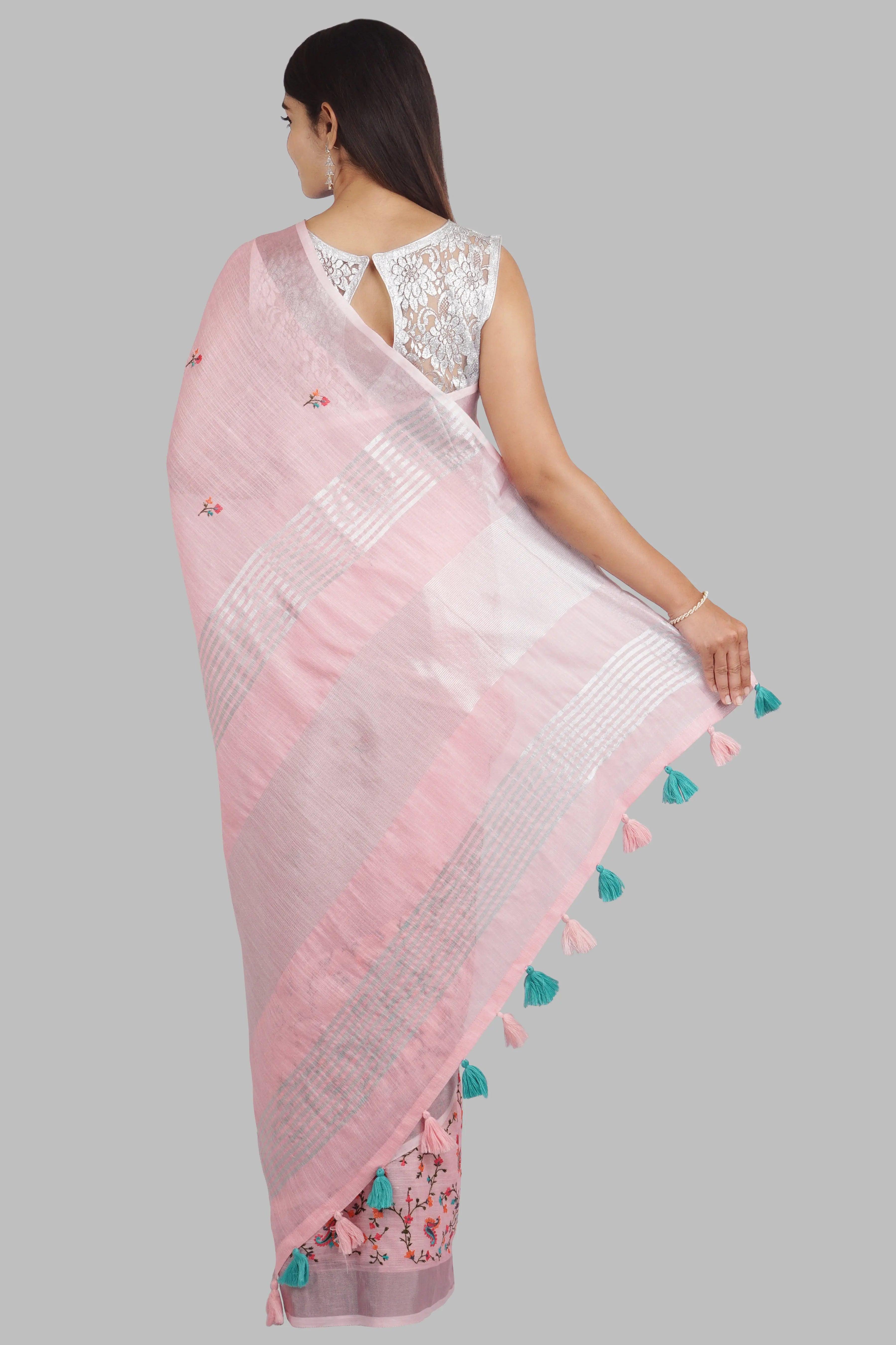 Pink Threadwork Linen Saree - KAJREE