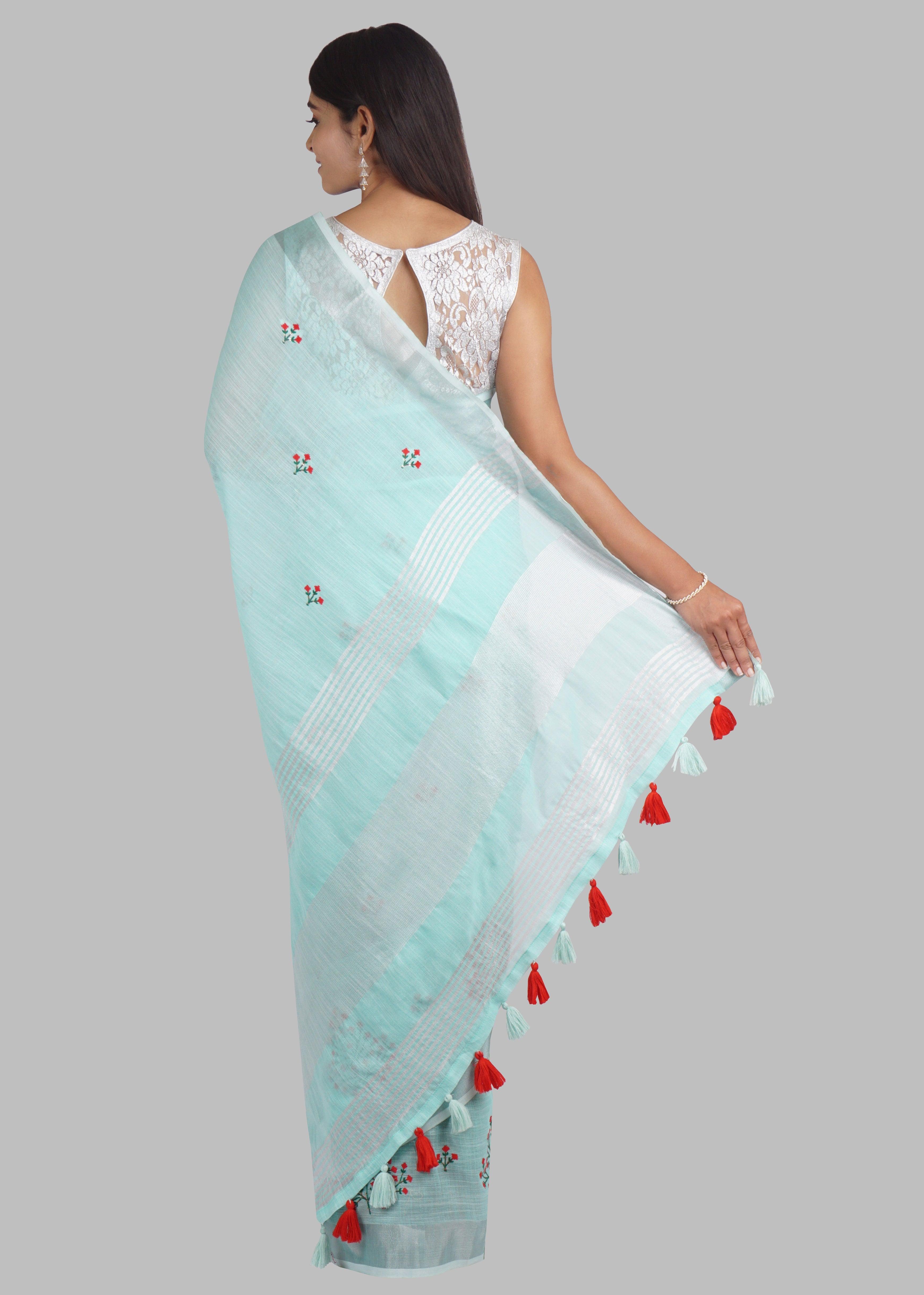 Sky Blue Threadwork Linen Saree - KAJREE