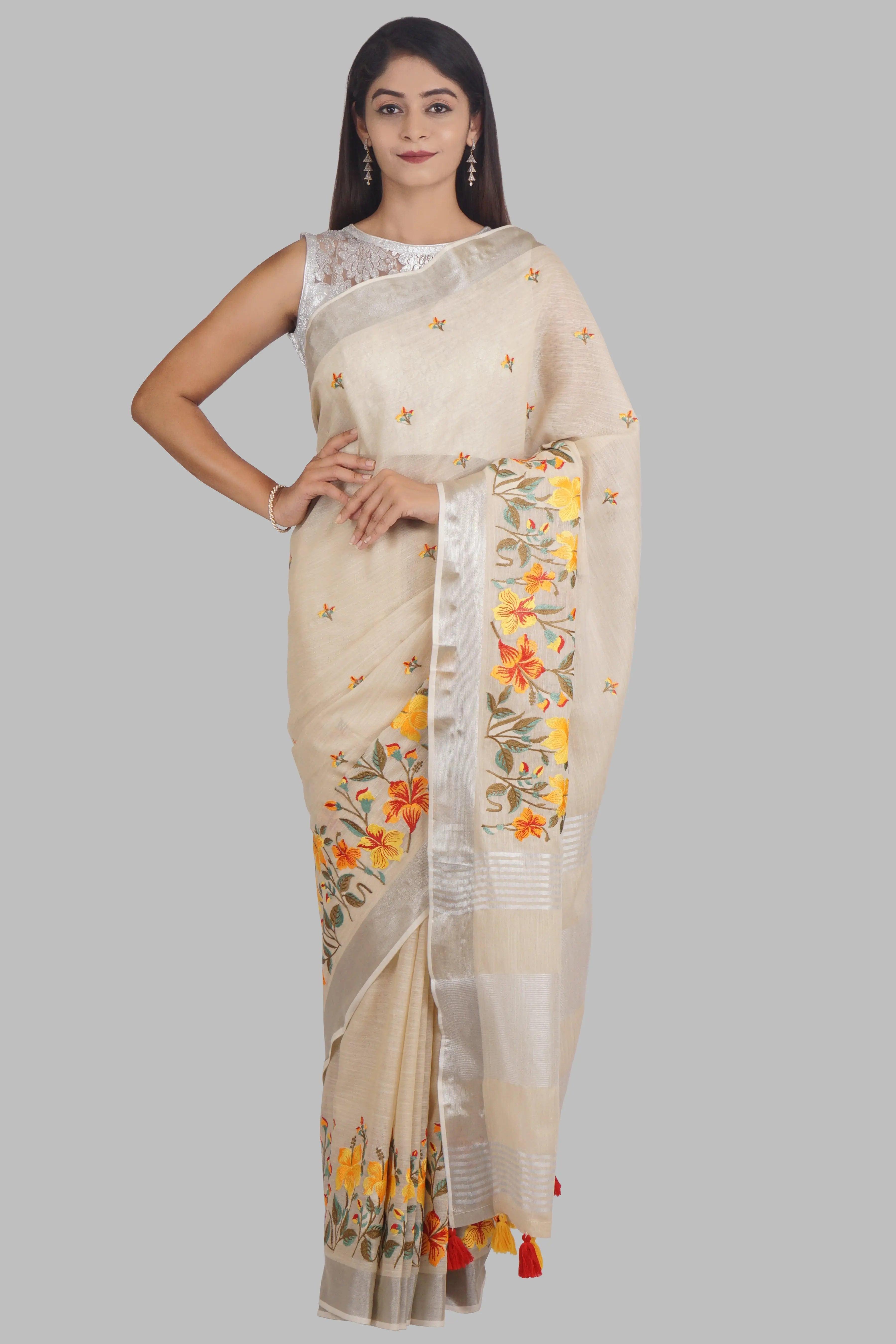 Cream Threadwork Linen Saree - KAJREE
