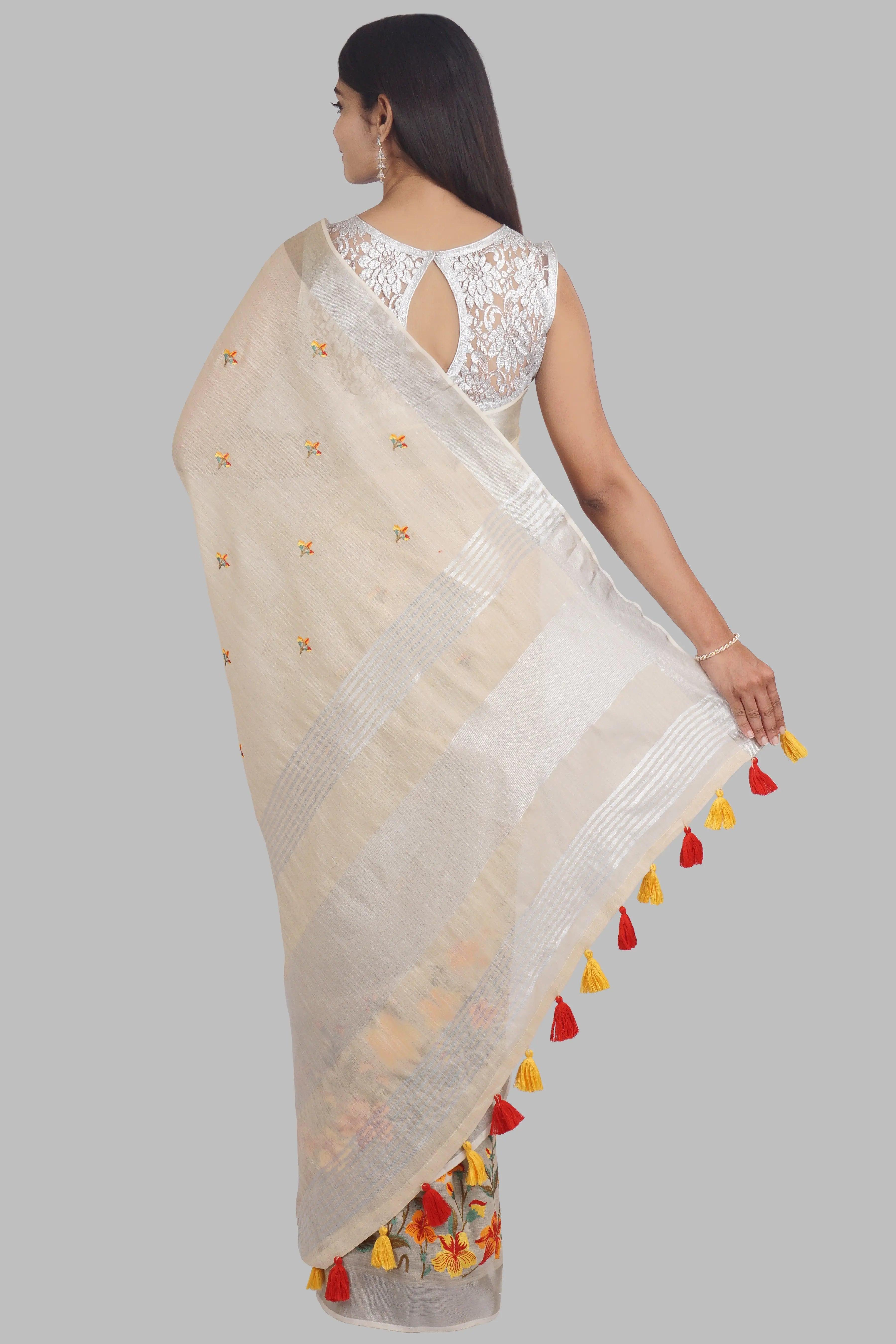 Cream Threadwork Linen Saree - KAJREE