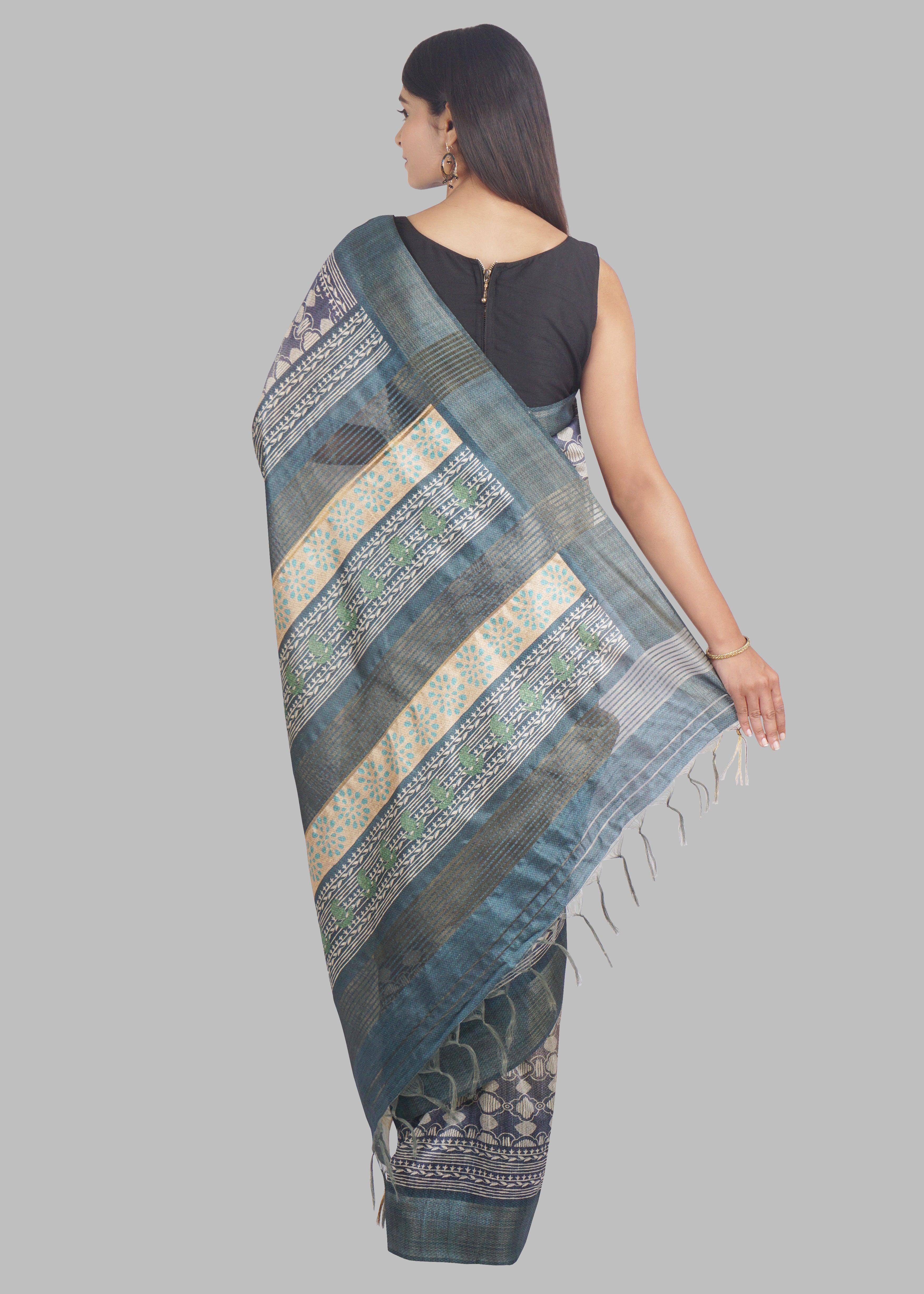 Green Block Print Tussar Saree - KAJREE