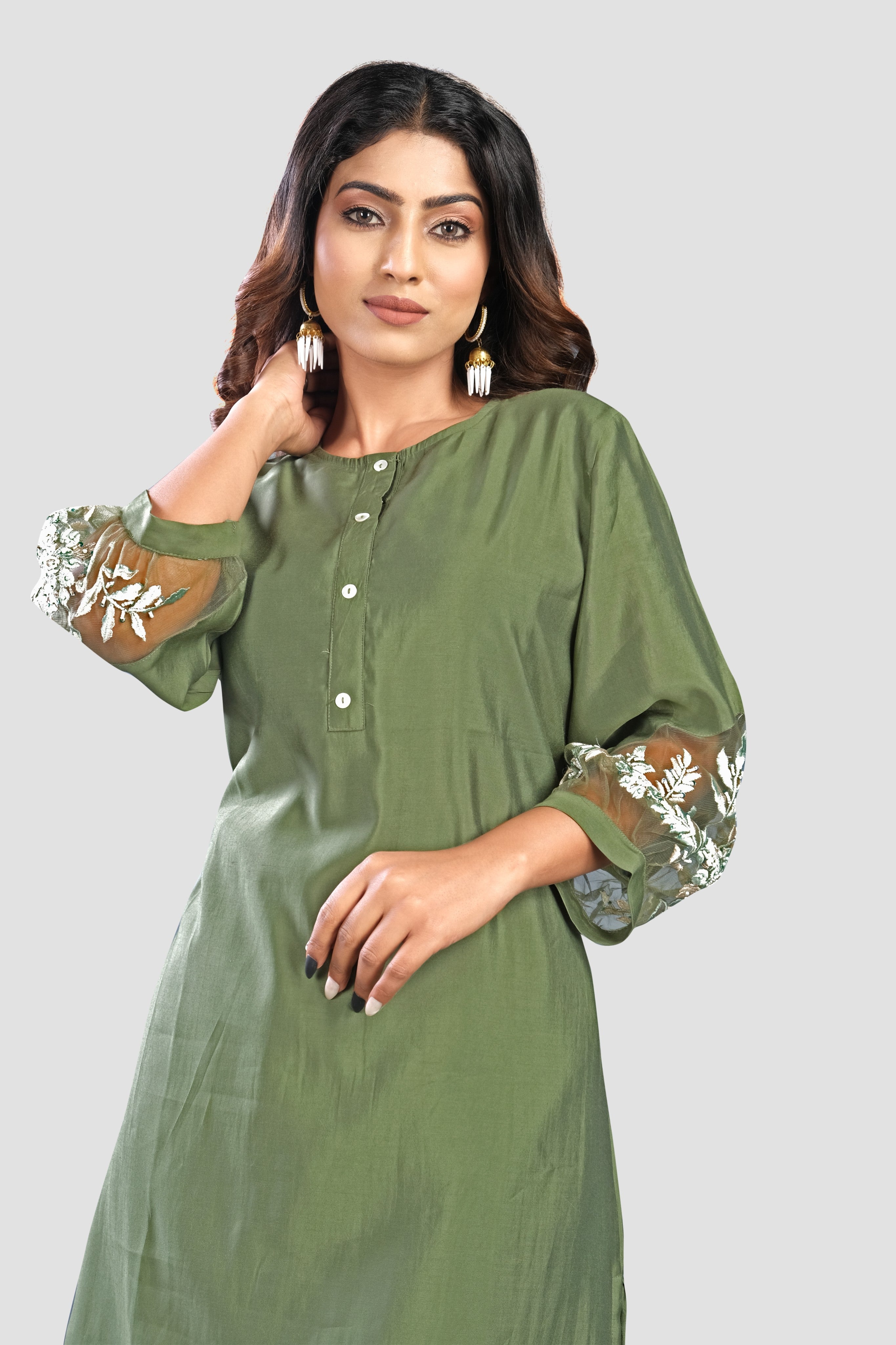 Mehendi Green threadwork Muslin Co-ord set 