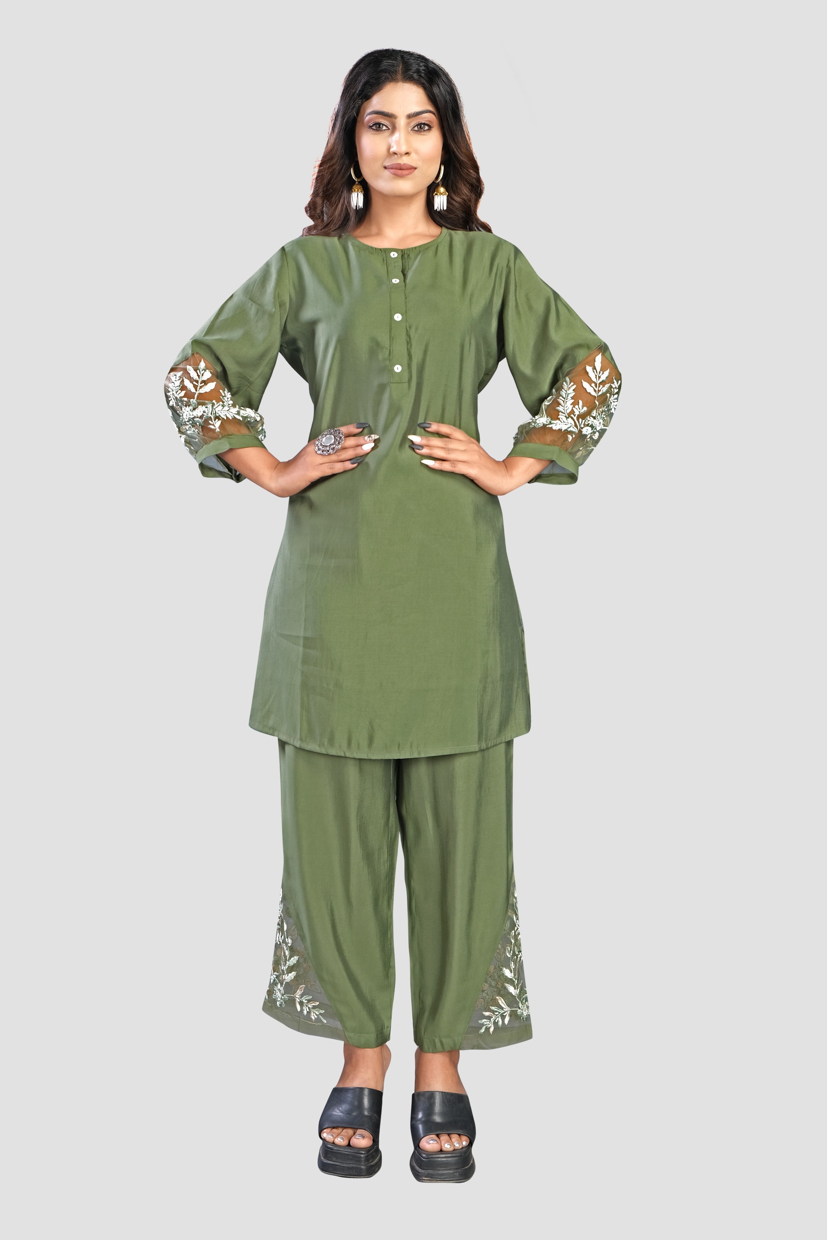 Mehendi Green threadwork Muslin Co-ord set 