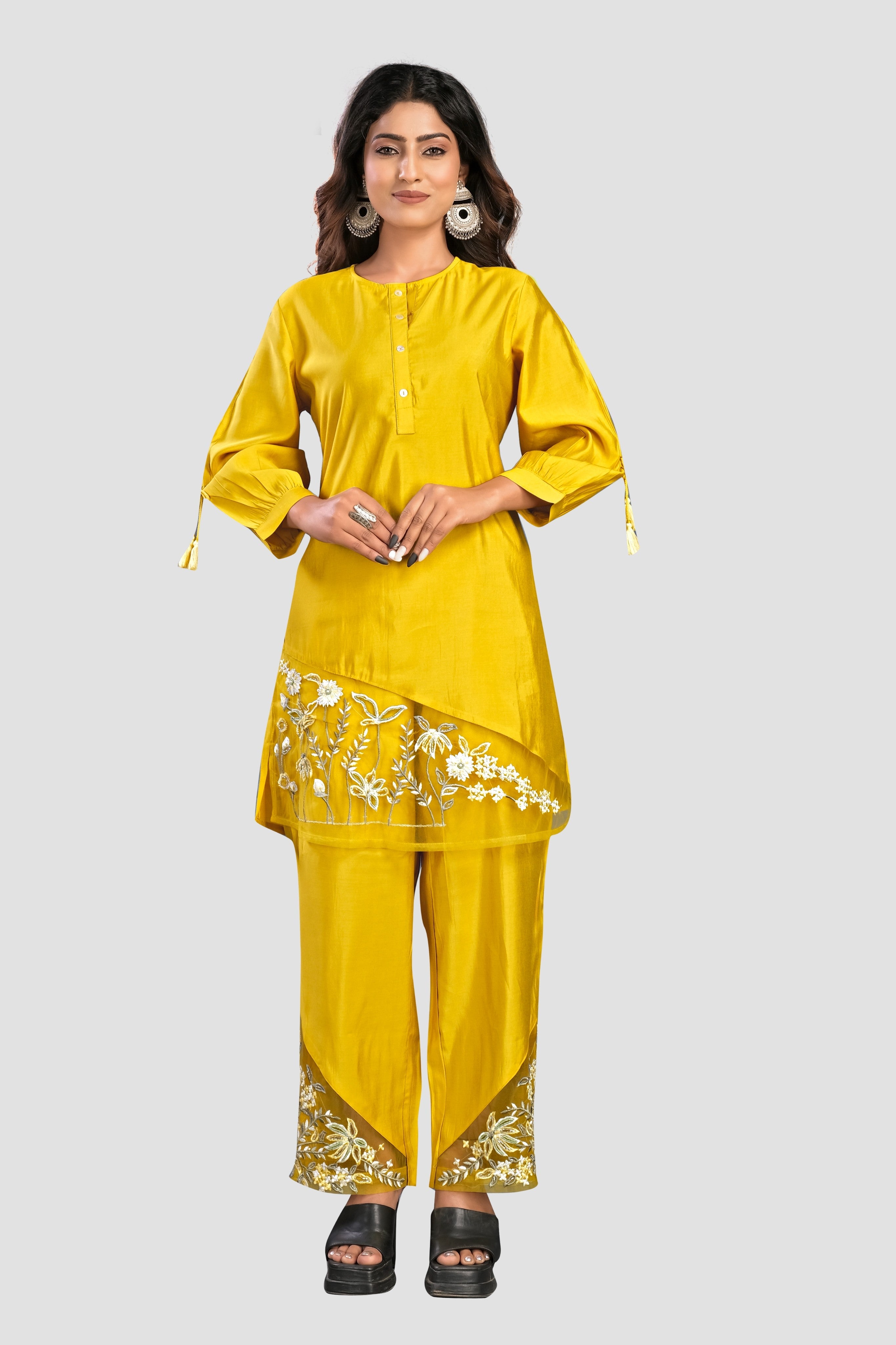 Yellow Threadwork Muslin Co-ord set - KAJREE