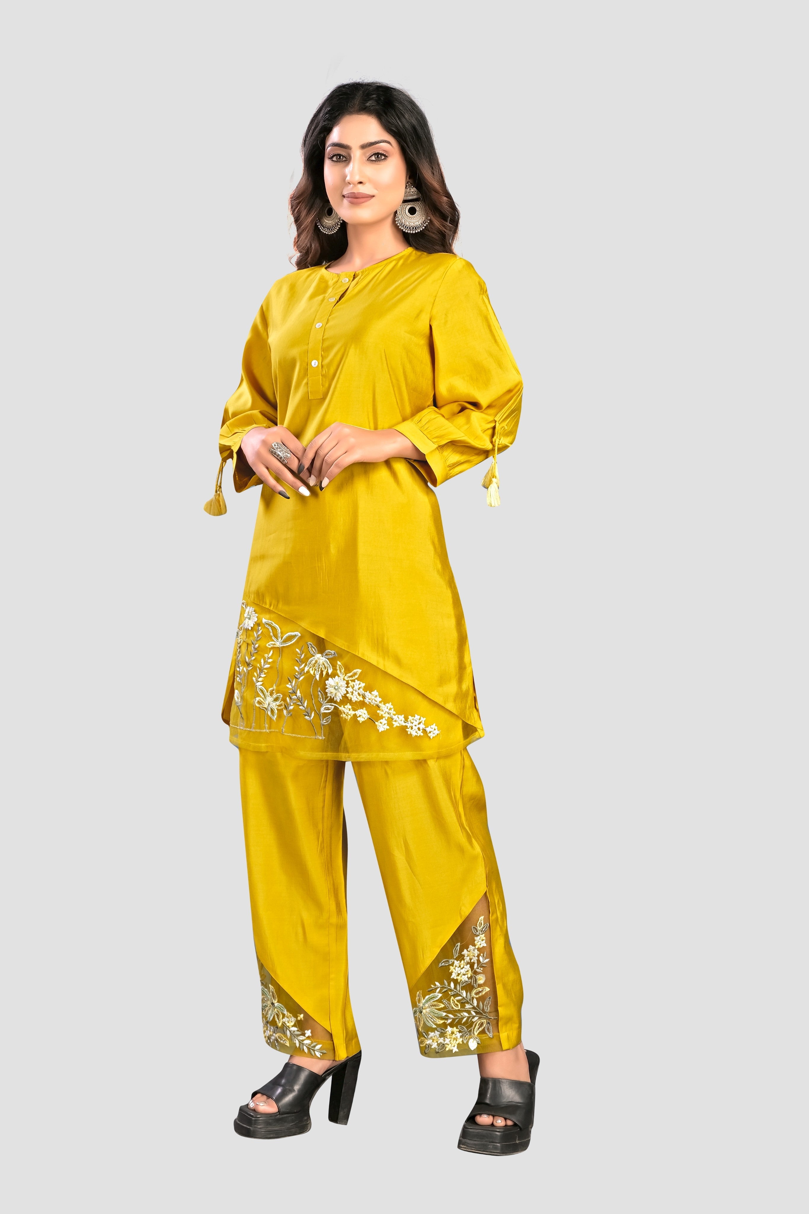 Yellow Threadwork Muslin Co-ord set - KAJREE