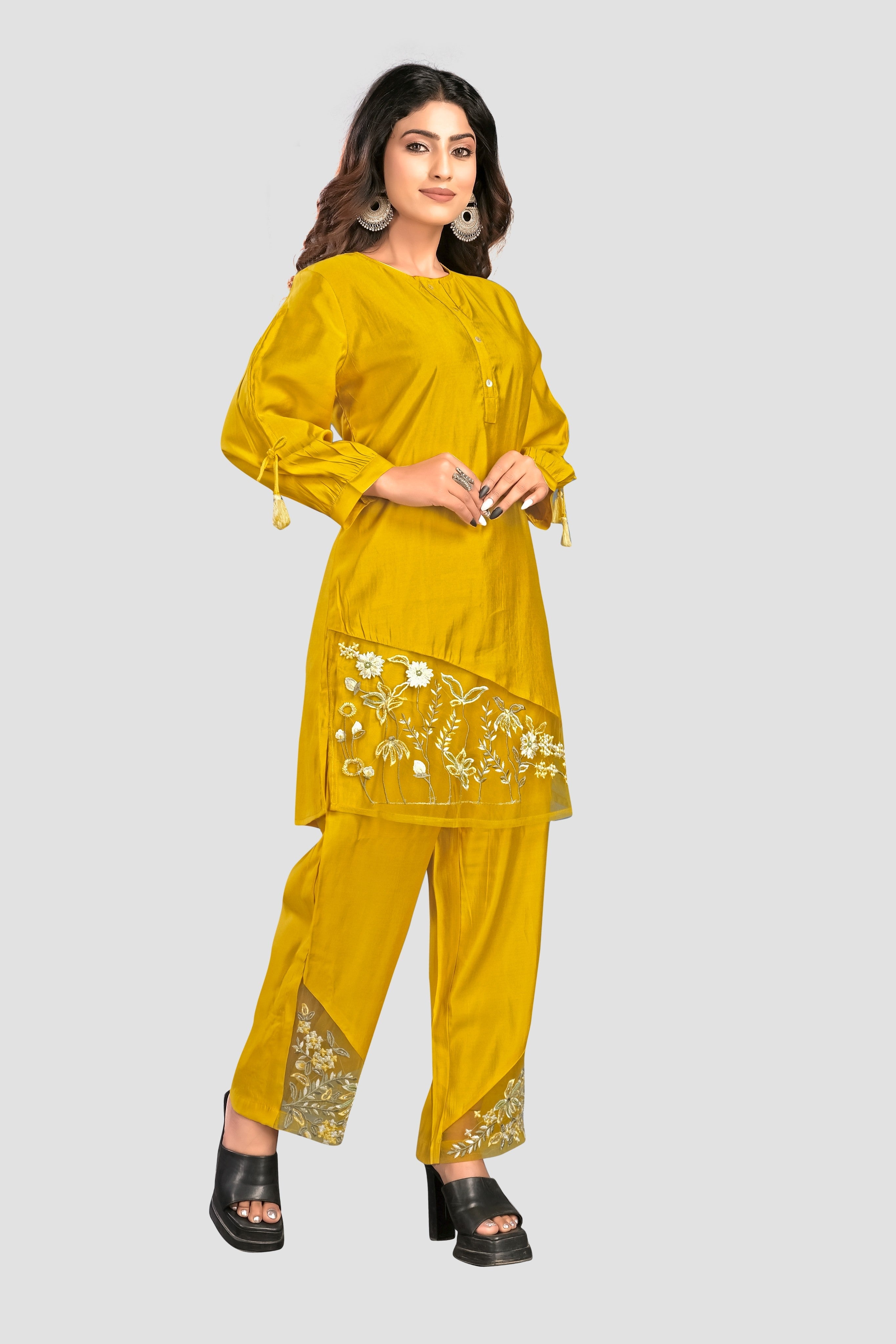 Yellow Threadwork Muslin Co-ord set - KAJREE