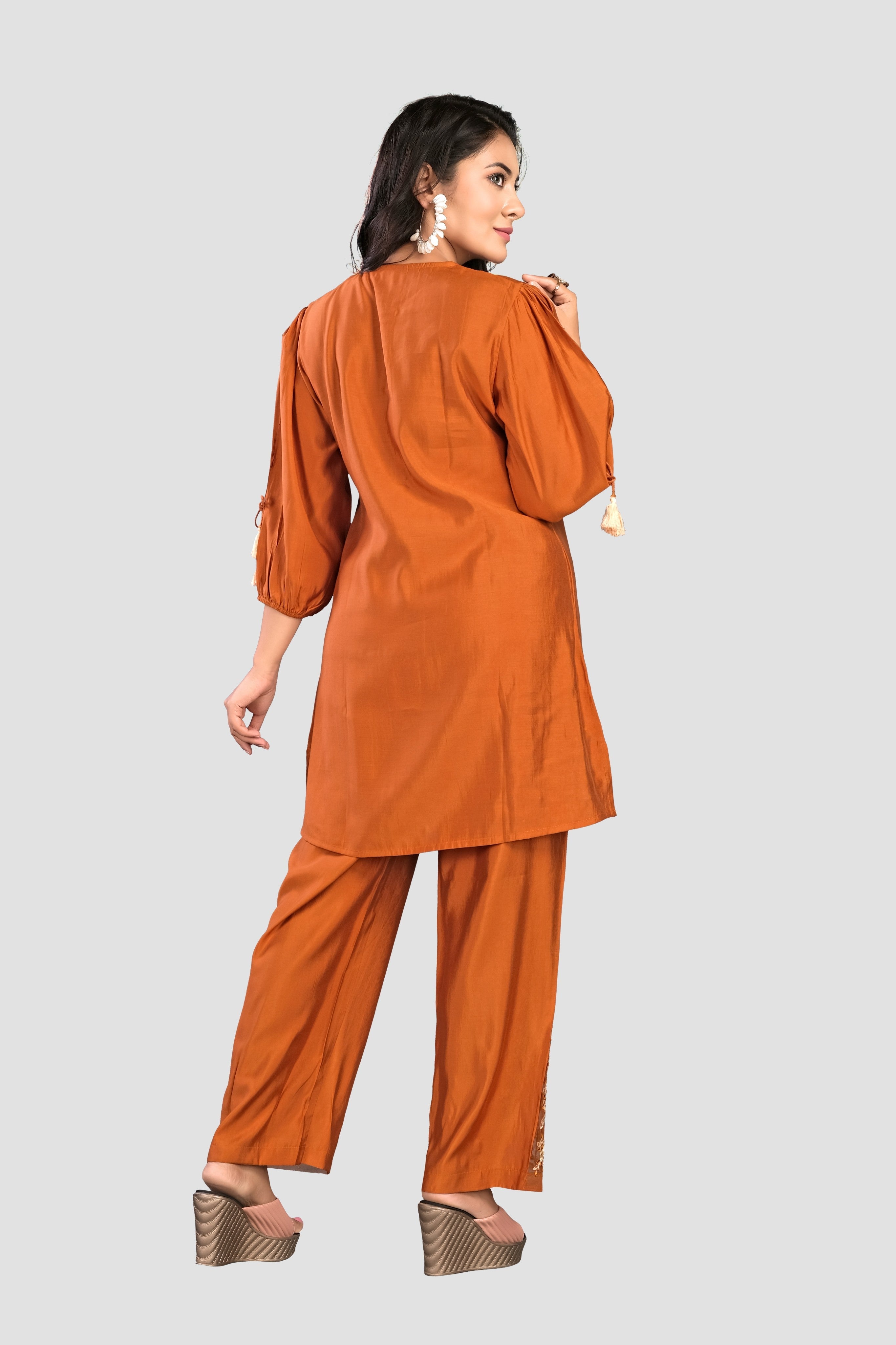 Brown Threadwork Muslin Co-Ord Set 