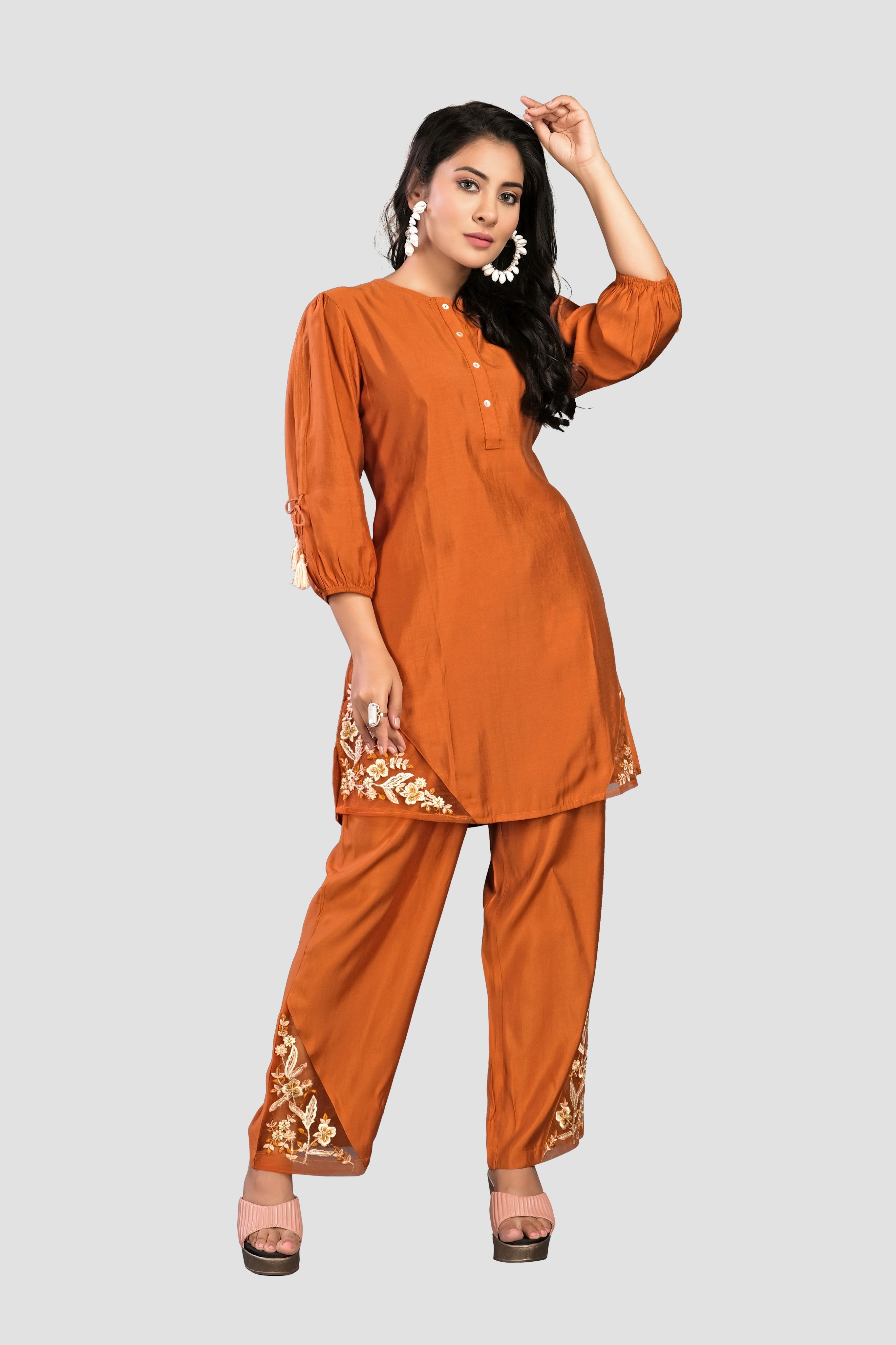 Brown Threadwork Muslin Co-Ord Set 