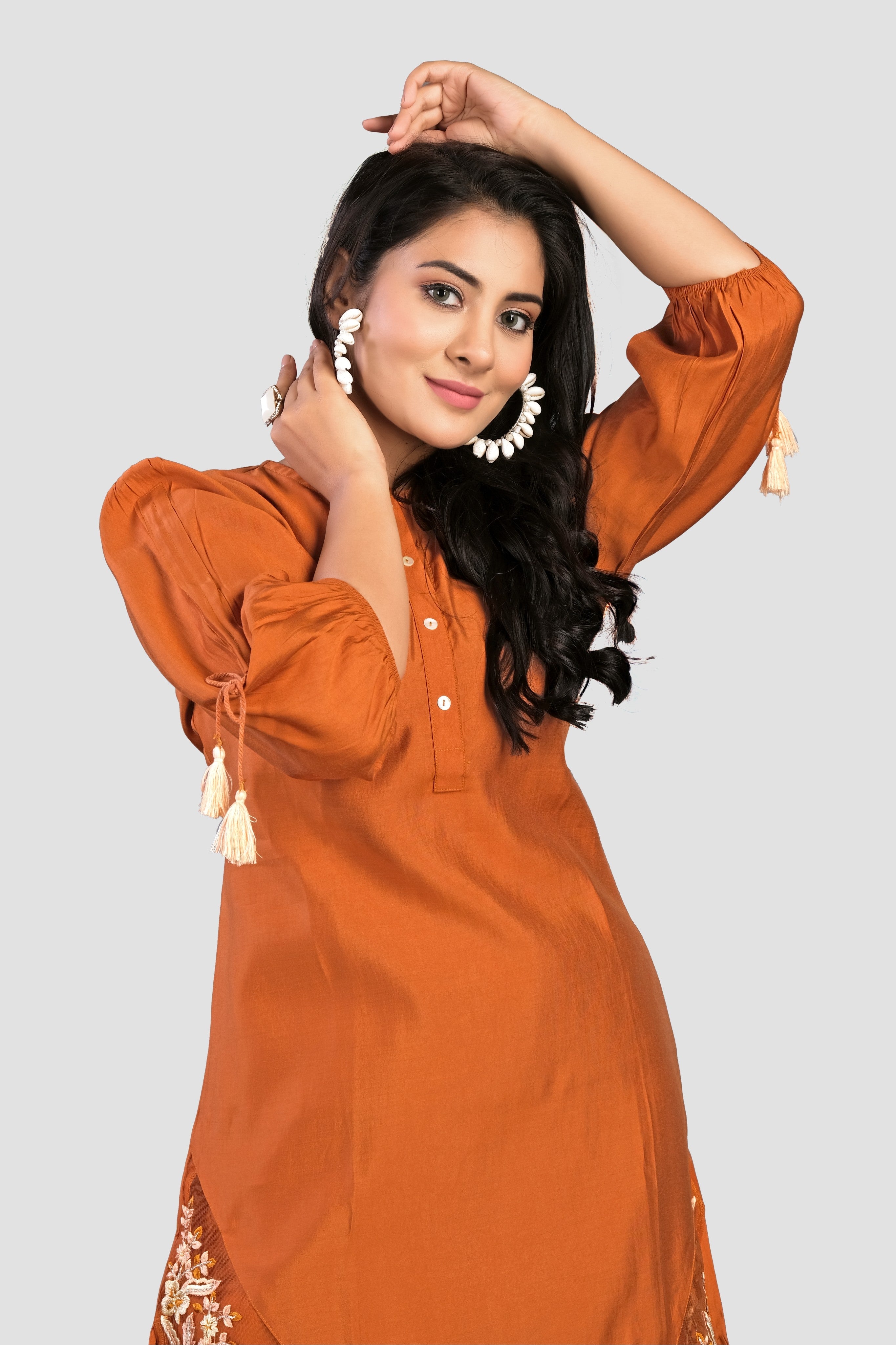 Brown Threadwork Muslin Co-Ord Set 