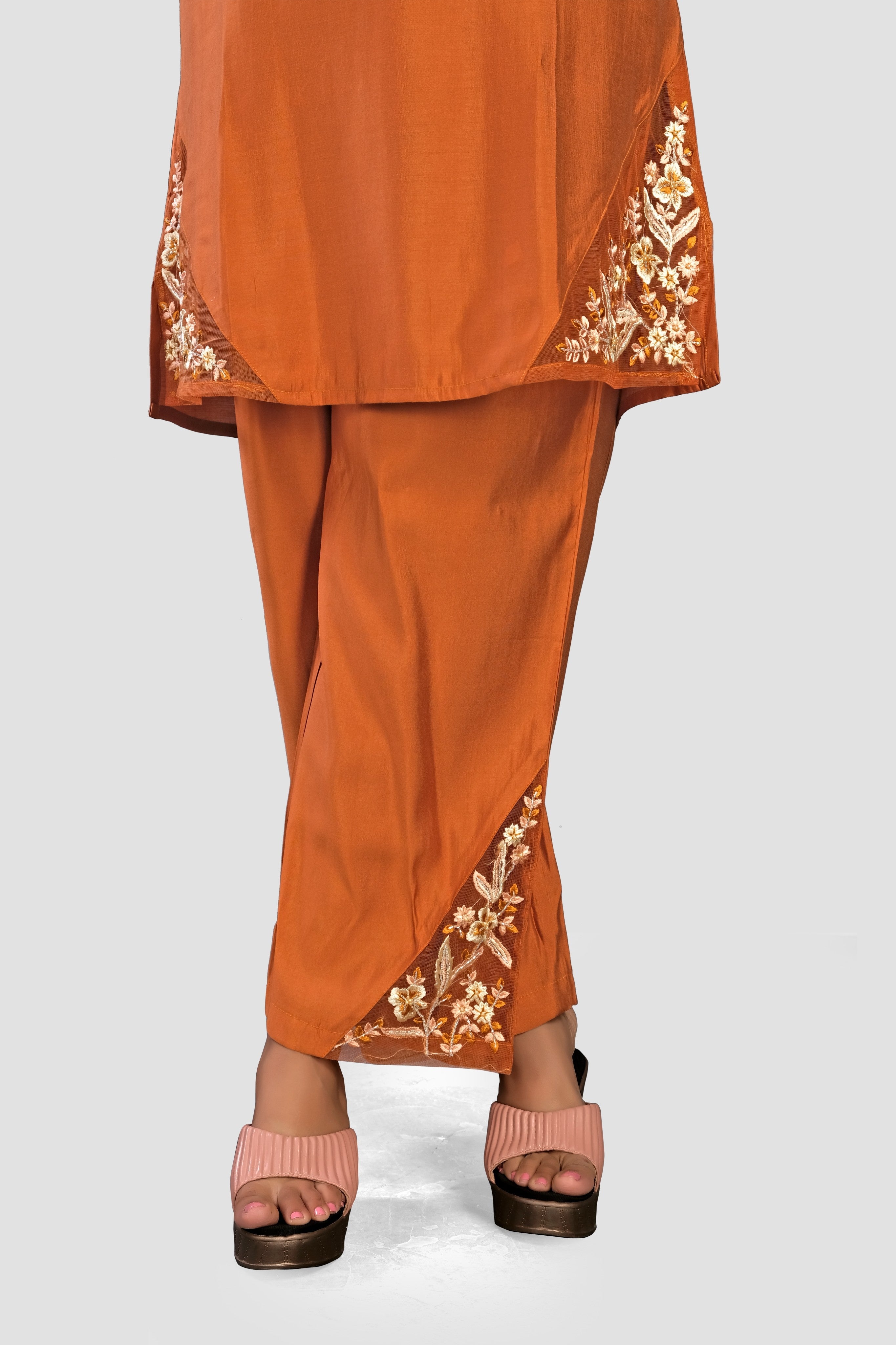 Brown Threadwork Muslin Co-Ord Set 