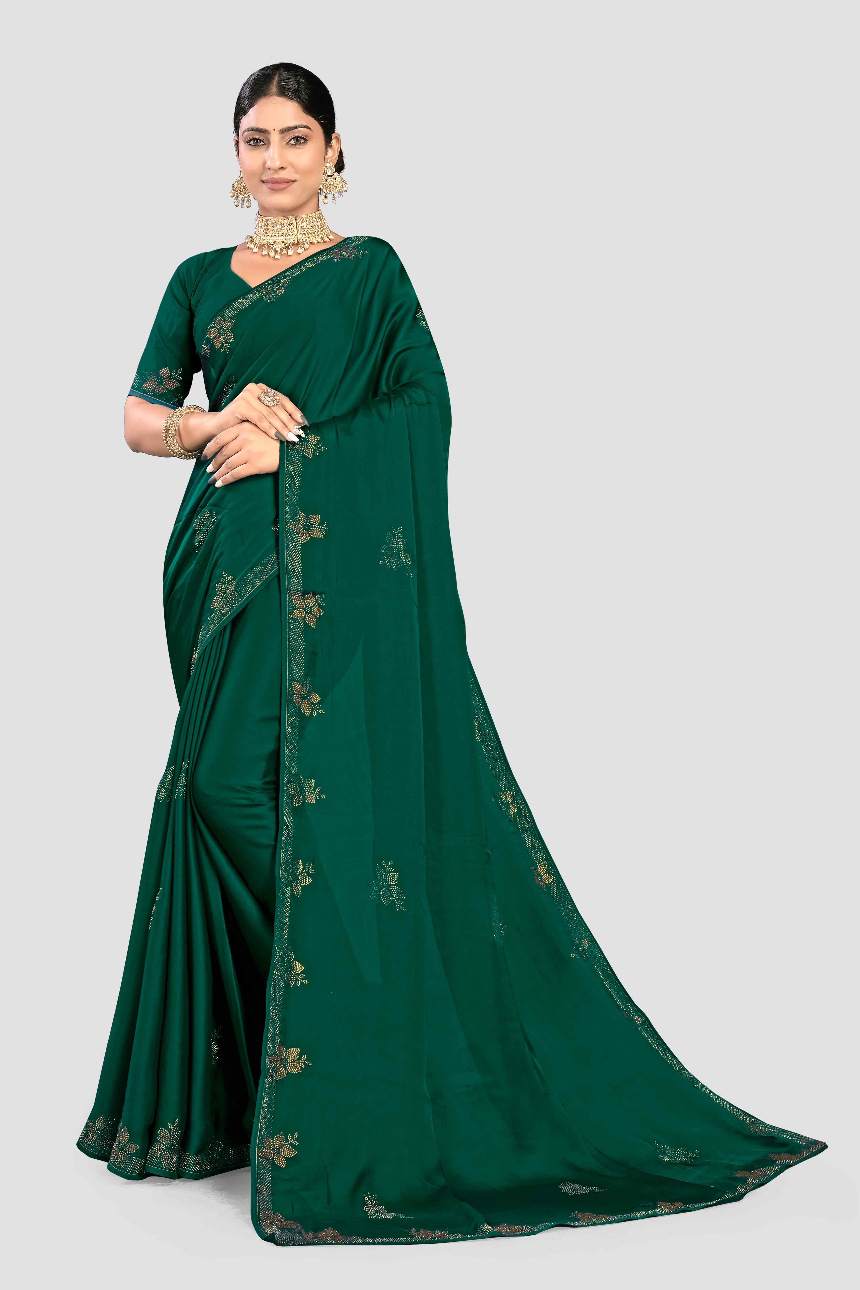 Green Stonework Satin Silk Saree - Kajree