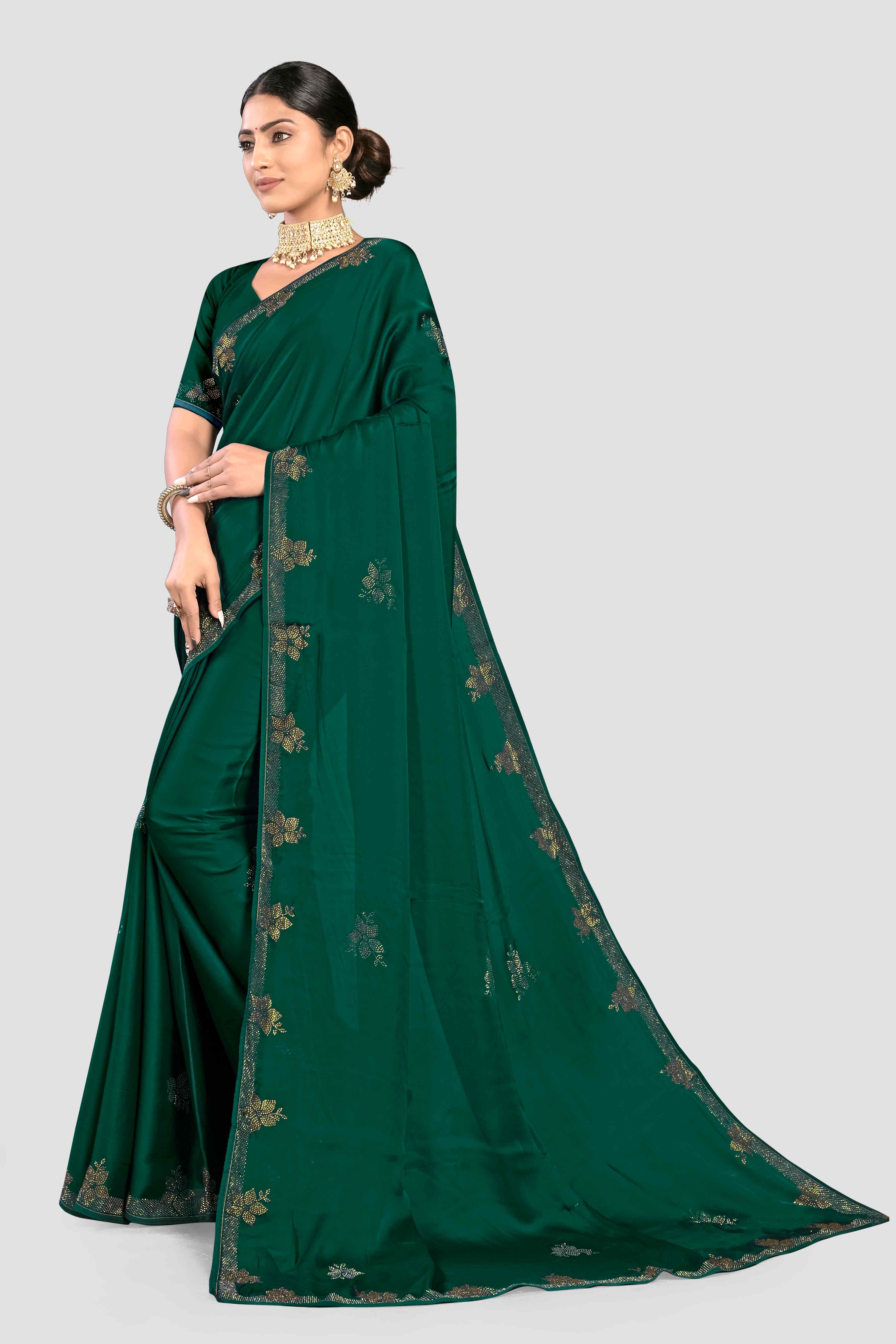 Green Stonework Satin Silk Saree 