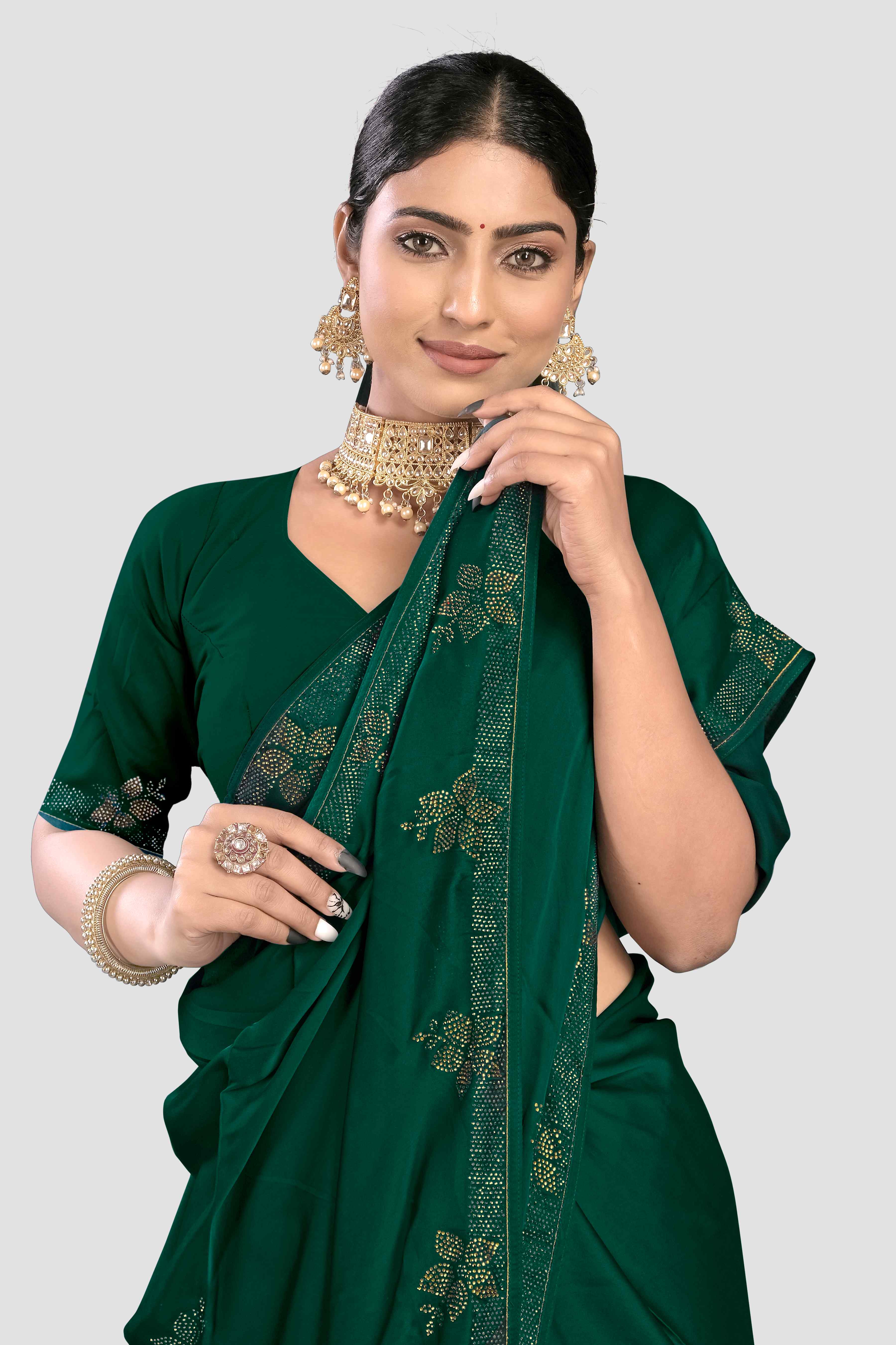 Green Stonework Satin Silk Saree - Kajree