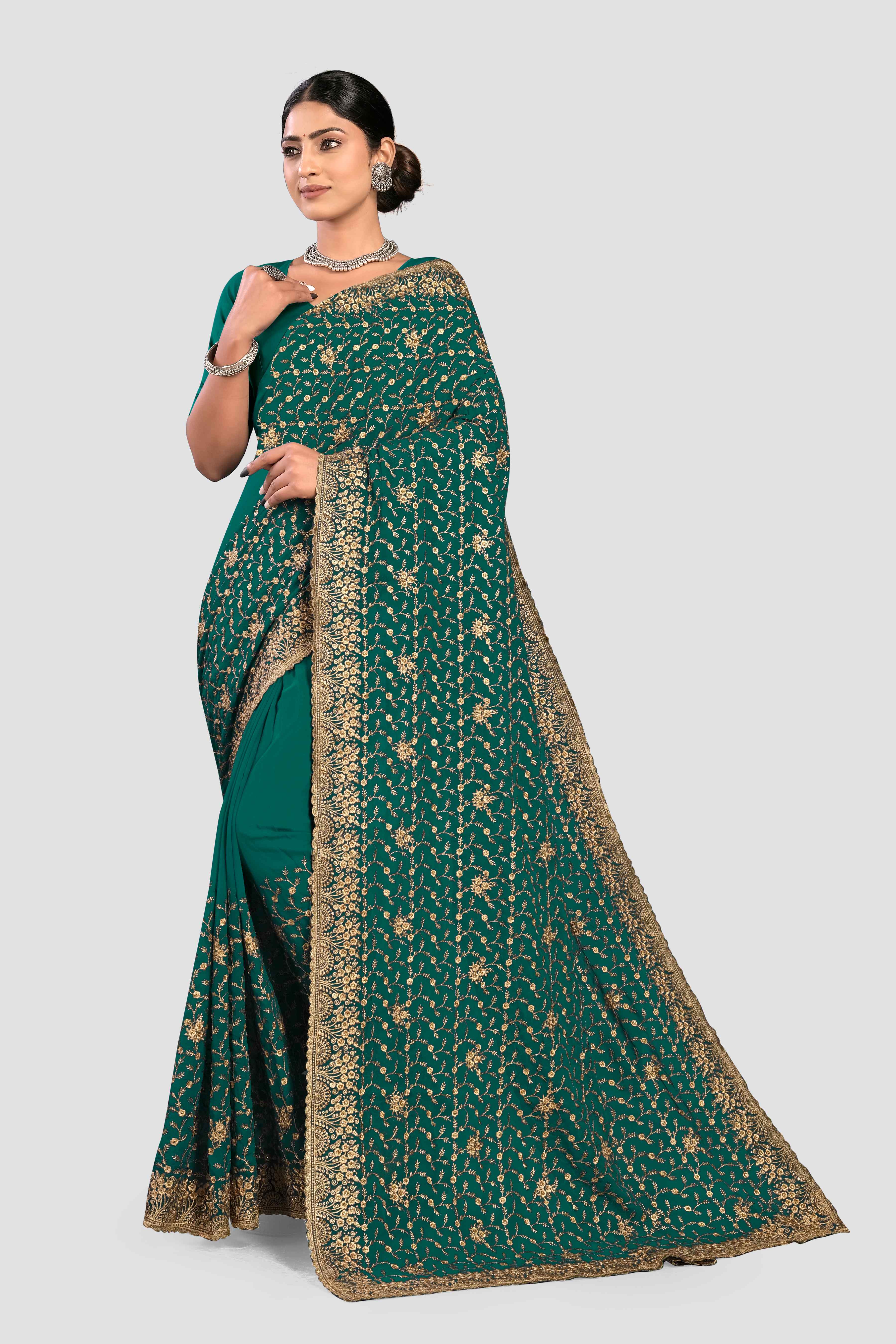 Peacock Green Stonework Georgette Saree - Kajree